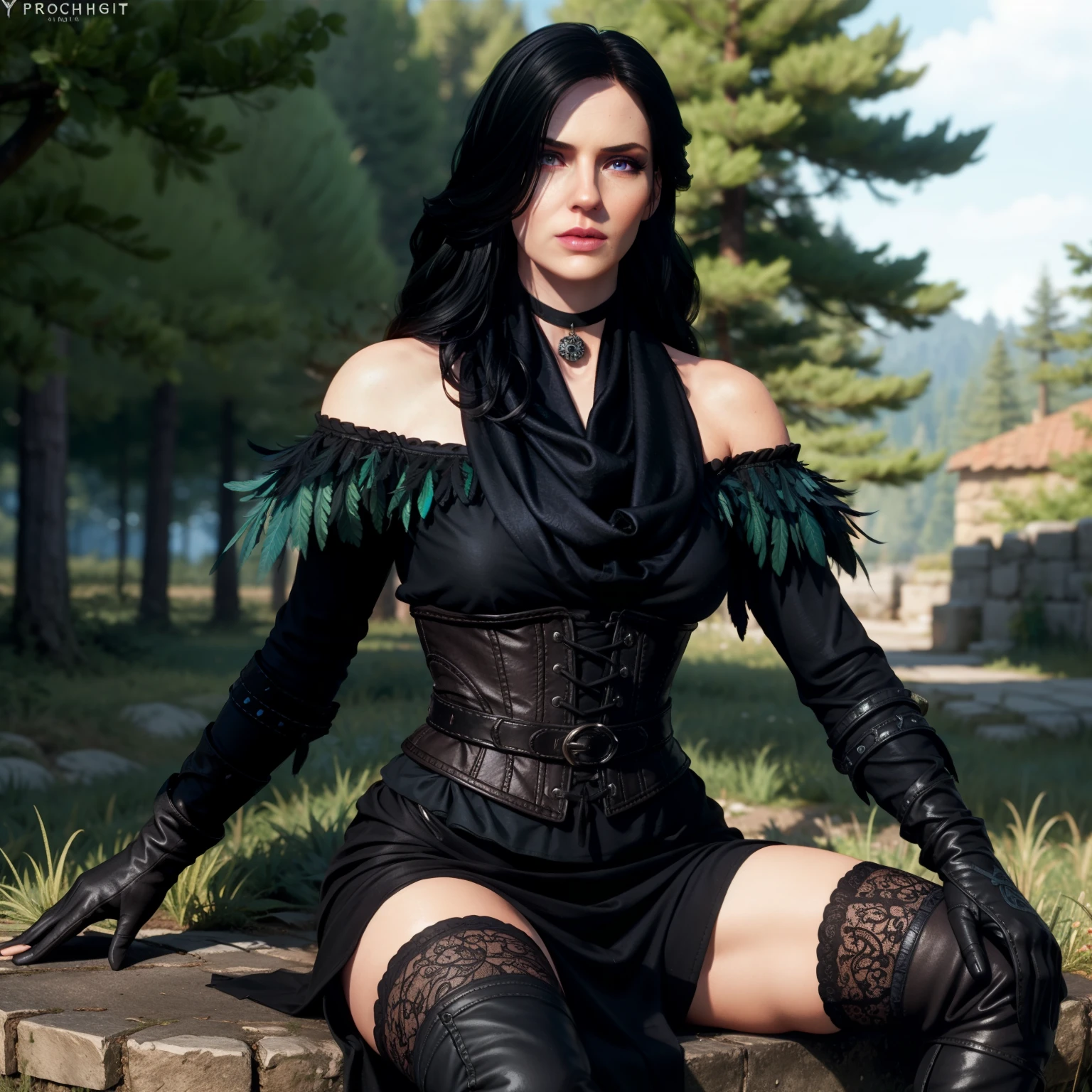 Yennefer, in forest, long hair, black hair, purple eyes, scarf, black dress, bare shoulders, feathers, thighhighs, gloves, boots, choker, corset, elbow gloves, (intricate details), perfect eyes, pruple eyes, perfect face, perfect lighting, beautiful, (masterpiece:1.2), (best quality:1.2)