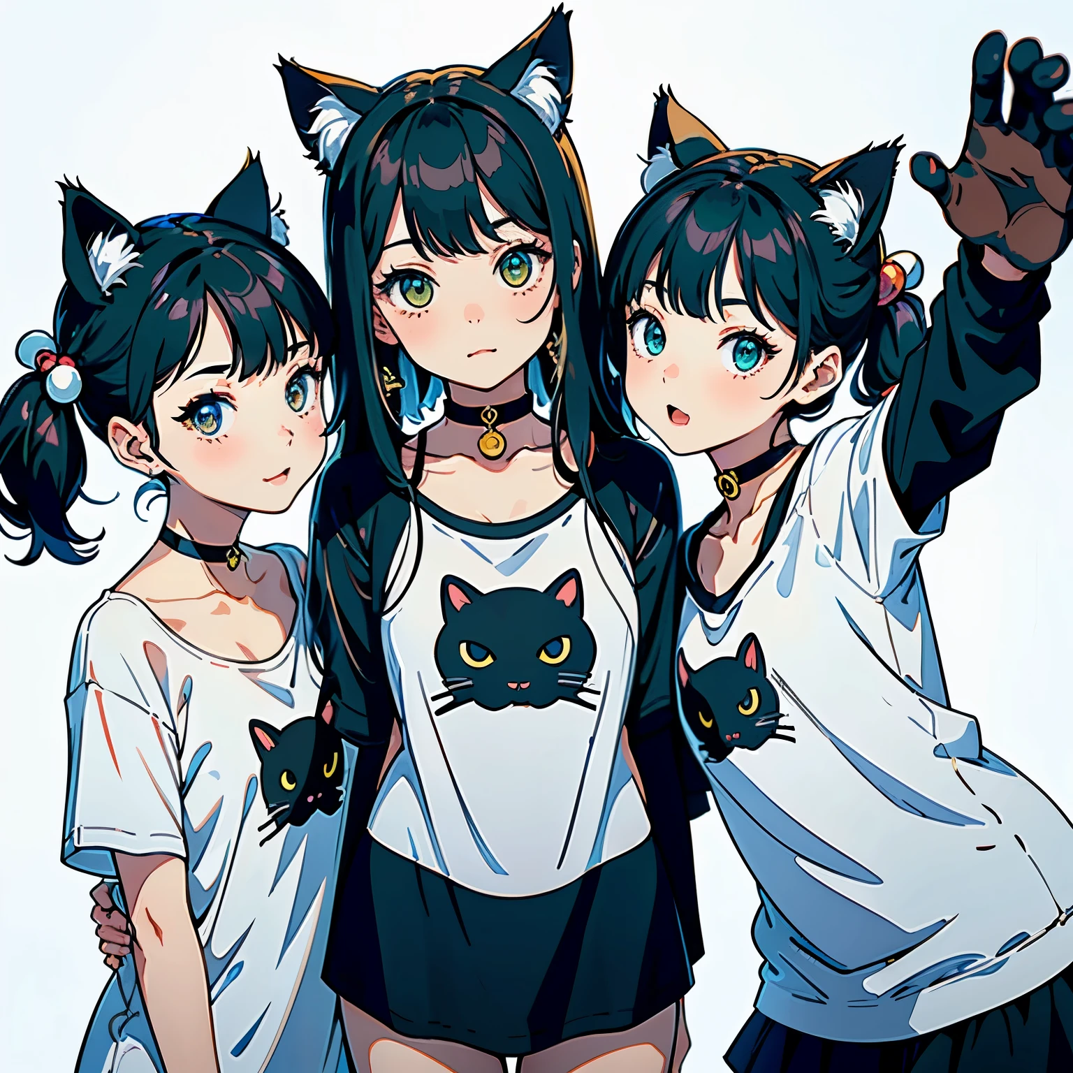 (highest quality, masterpiece, High resolution)、(anime art)、cinematic light、soft light、two girls、black hair、Black cat costume、White Cat Costume、Tabby cat costume、Striped cat costume、Persian Cat Costume、(3-color cat costume)、(loose t-shirt)、loose shirt、off shoulder、sexy mini dress、(Cat ear)、bob cut、semi-long、bun hair、hair ornaments、choker、Cute face details、enchanting smile、small breasts、whole body、(cat pose)、(Professional wrestling)、beckoning、playing、dance、Cat jarashi、Crackers popping、Party Decoration、((white background))、