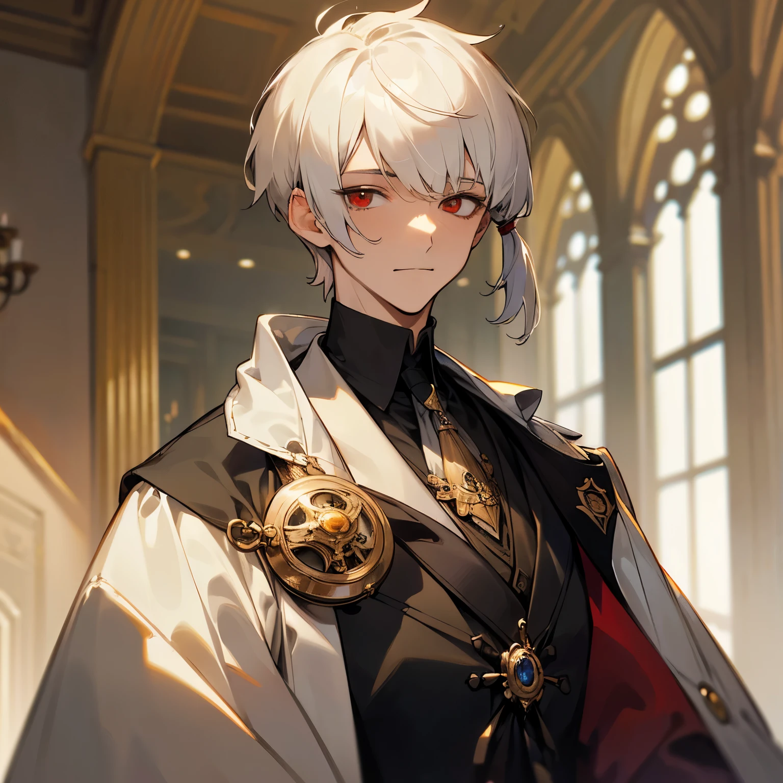 ((best quality)), ((masterpiece)), (detailed), perfect face, 1boy, male focus, western suit, England, solo, ((adult)) ,tall, indoor, upper body, white hair, {{{{((short untied mullet hair))}}}} , ((short hair)) ,{{((short hair untied))}} , wearing monocle ,((monocle)) ,light smile , red eye, ((villian)),((gentlemen)), {((short hair))} , ((bangs between eye))