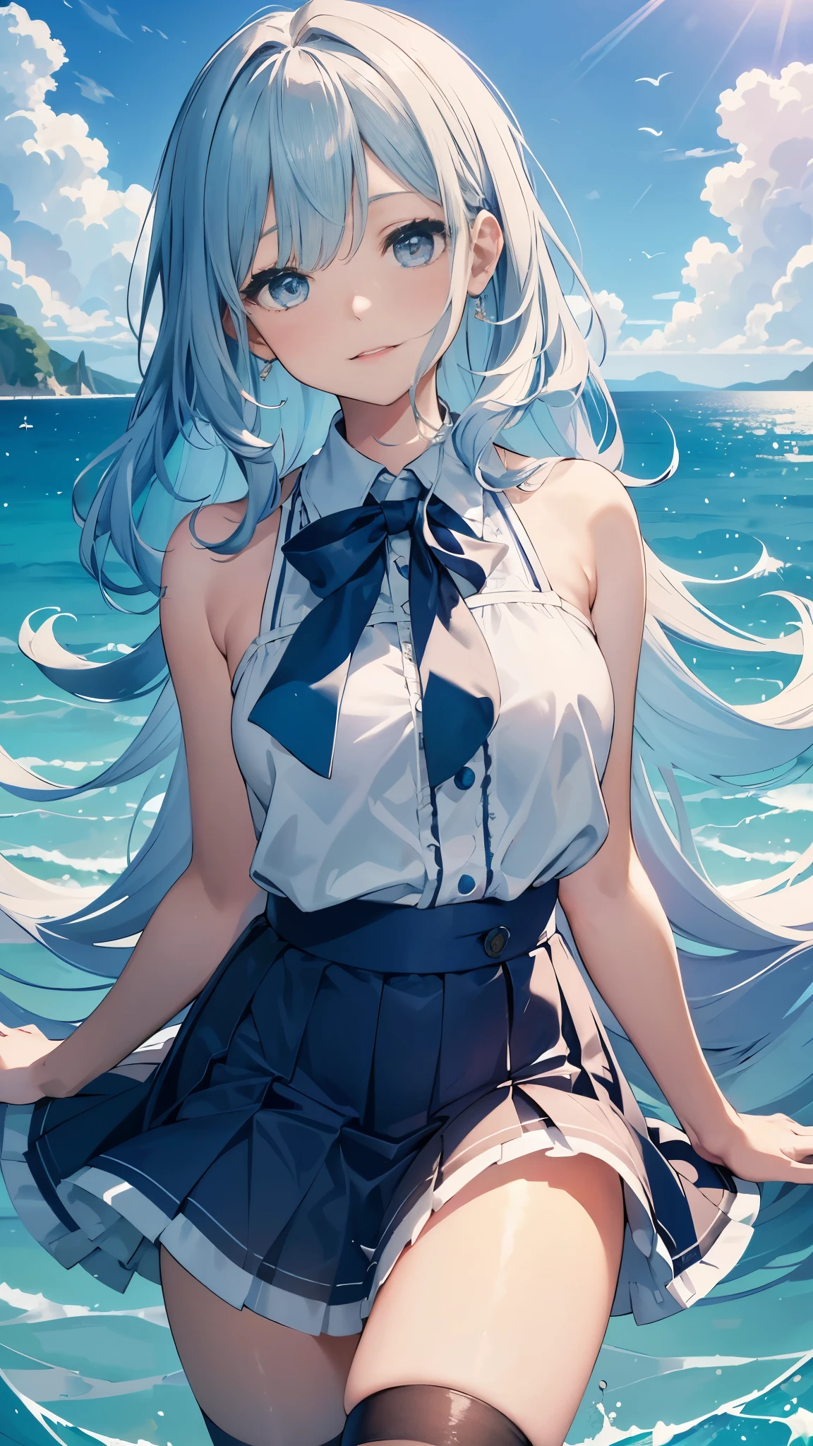 1 girl, solo, blue sky, ocean, short skirt, (a very intricate and detailed background of the vast expanses of the blue sky with thick, fluffy clouds that seem to reach out and touch one another), (a highly detailed background of the vast, tranquil ocean with shimmering waves and schools of fish swimming beneath), wearing a fitting, graceful, and short blue skirt that accentuates her feminine curves. The girl looks out at the breathtaking view, her eyes sparkling with wonder and a slight smile playing at the corners of her lips. Her hair, a cascade of soft, golden curls, billows in the gentle breeze, blowing across her shoulders andframe her face