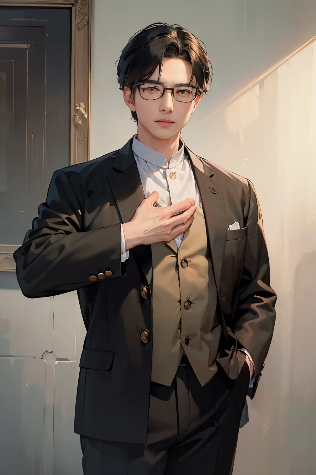 (best quality,4k,8k,highres,masterpiece:1.2),ultra-detailed,(realistic,photorealistic,photo-realistic:1.37),a man in a Zhongshan suit with glasses,full-body portrait,Republic of China era style,medium:oil painting,subtle color tones,dimly lit。