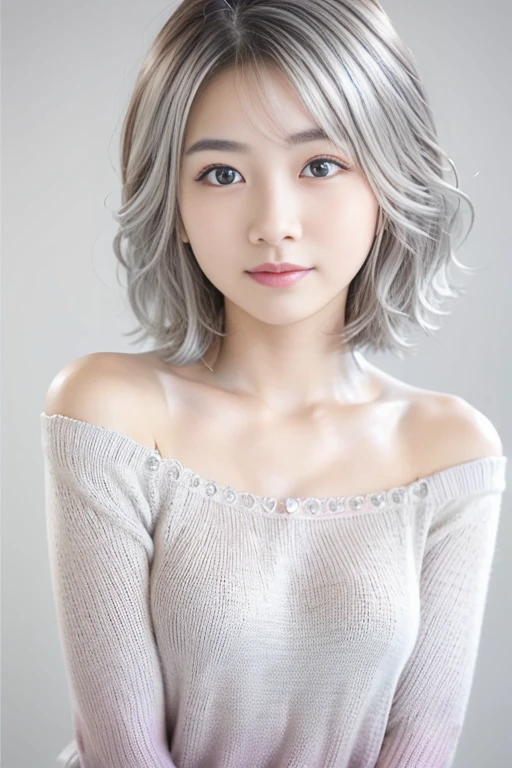 beautiful japanese woman、1 person,Very pretty and slim、outstanding style 、((8K image、super high quality))、Very delicate face, skin and hair、short hair、straggling hair,(((((((gradient hair、silver hair))))))),Very cute Japanese face、Eyes and nose are clearly visible、kind eyes,(((off shoulder sweater、simple background、looking at the viewer)))、full body shot