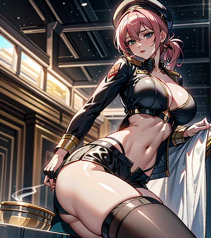 22 years old, (milf:0.8), (solo:1.5), (sfw:1.25), cute breast, beautiful breasts, medium tits, thin waist, big ass:1.0, Raised sexy, (beret, black jacket, open clothes, cleavage, midriff, black shorts, black thighhighs, thigh strap, fingerless gloves, single glove:1.2), blue eyes, light smile, big , Revimpling fabric, earrings, Hand gloves, detailed face,(smoking:1.3),long hair,side ponytail,hair between eyes,bangs,detailed and beautiful eyes,beautiful detailed lips,Rolling her eyes,manner,hair over one eye, (ultra high resolution, 8K RAW photo, photo realistics, thin outline:1.3, clear focus), best qualtiy, natural lighting, textile shading, blurry back ground, field depth, (Bright pupils, fine detailed beautiful eyes with highlight:1.3, high detailed face), Red lip, fine realistic skins:1.1, looking down viewers:1.3, (dynamic angle:1.3, front view:1.1, breast focus:1.3, from below:1.2), (dynamic posing:1.5, sexy posing:1.2),Youghal, side lock, hair ornaments, hair band,nice,garden background,artistic rendering,Super detailed,(highest quality,4k,8K,High resolution,masterpiece:1.2),Bright colors,studio lighting