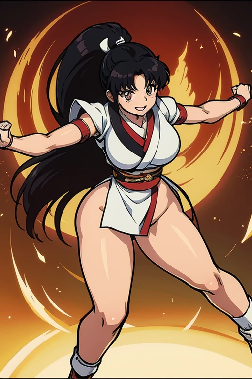 Kagome Higurashi, mai shiranui from the king of fighters,beautiful detailed eyes, ultradetailed eyes, extremely detailed face, perfect lighting, long black hair, golden eyes, smiling with happiness, 25yo, Japanese mature female, wearing a green short kimono, matured face, blushing, joyful expression, big breast, big hips, full body view, big body, thick, (Curvy:1.35), dynamic pose, ((Master piece)), best quality, Clenching her fists, defensive pose, female fighter, martial arts, full body