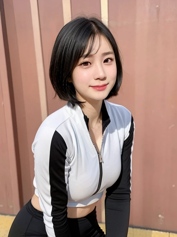 (kawaii 24 year-old Japanese girl, Nogizaka idol, Korean idol), healthy female athlete, figure skater, (glossy black hair, messy very short hair, pixie cut, symmetric hair length, even length hair edges:1.3), (bangs), (rounded face, black eyes, single eyelid, no makeup, soft smiling:1.2), (wearing long sleeved training half zip tops:1.3), flat chest, extra small breasts, sports leggings, (looking at viewer:1.2), BREAK, (ice skate arena background:1.3), (dynamic angle:1.3), face focus, BREAK, (masterpiece, best quality, photo realistic, official art:1.4), (UHD, 8K quality wallpaper, high resolution, raw photo, golden ratio:1.2), (shiny skin), professional lighting, physically based rendering, award winning, (perfect anatomy, highly detailed skin, extremely detailed face and eyes), Carl Zeiss 300 mm F/2.8, depth of field, 1girl, solo,