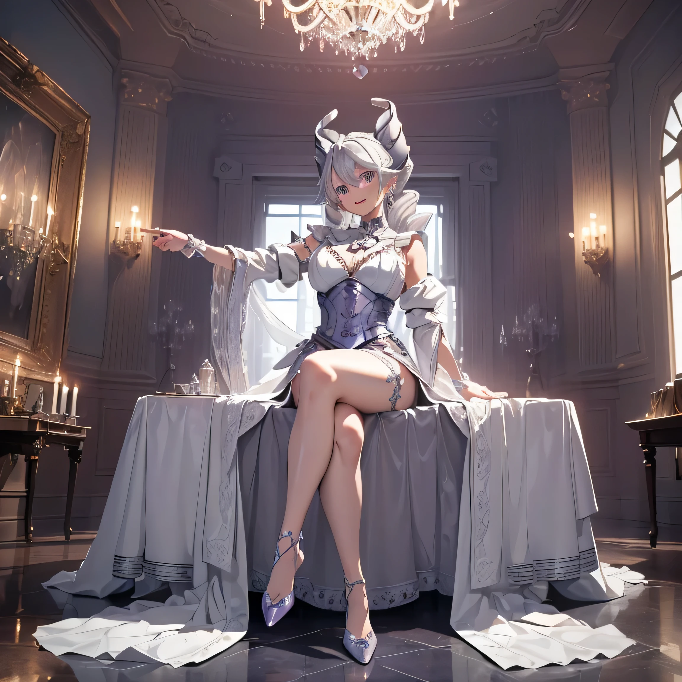 ((masterpiece)),(best quality), ((extremely detailed CG unity 4k wallpaper)),(cinematic lighting), (an extremely delicate and beautiful girl:1.3),(++silver hair++), purple eyes, long hair, jewelry,earrings, :d, maid, labrynth,
dance floor,(Crystal chandelier), horn ,indoor , sitting , crossed leg in detailed, all body , foot exposed 