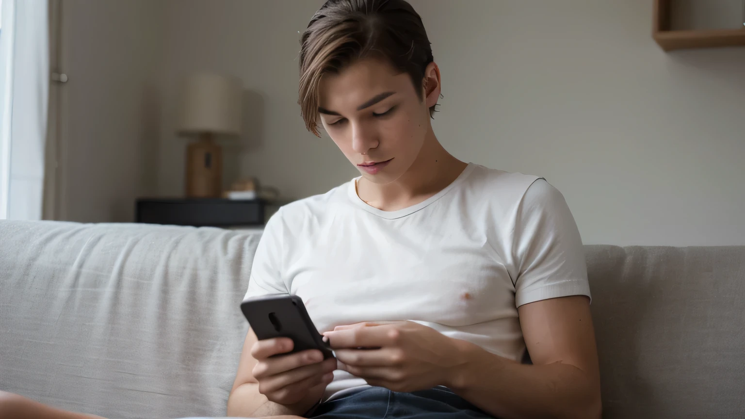 young man using cell phone, online