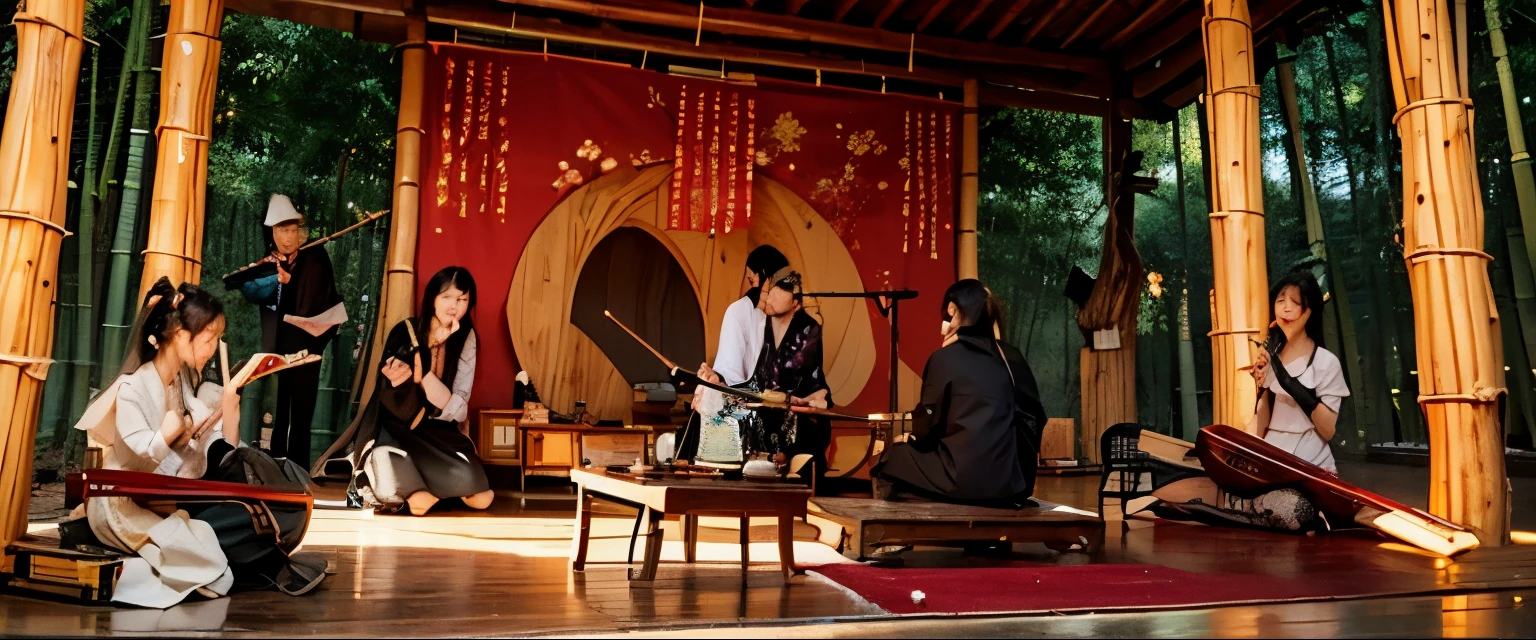 At a Chinese wine product launch event,There is an environmental installation that attracts everyone's attention。ahead,Guqin、Flute、Erhu、Drum、the ancients,Ancient charm,Lots of space。home front,Bamboo forest installation background,Chinese culture,Oriental charm。