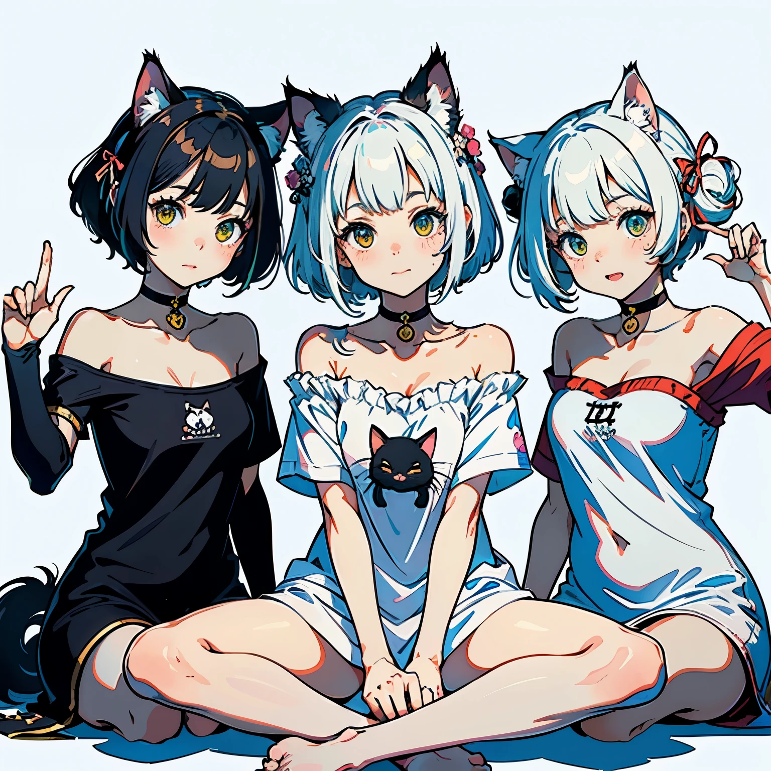 (highest quality, masterpiece, High resolution)、(anime art)、cinematic light、soft light、two girls、black hair、Black cat costume、White Cat Costume、Tabby cat costume、Striped cat costume、Persian Cat Costume、(3-color cat costume)、(loose t-shirt)、loose shirt、off shoulder、sexy mini dress、(Cat ear)、bob cut、semi-long、bun hair、hair ornaments、choker、Cute face details、enchanting smile、small breasts、whole body、(cat pose)、((raise your legs))、beckoning、playing、dance、Cat jarashi、Crackers popping、Party Decoration、((white background))、