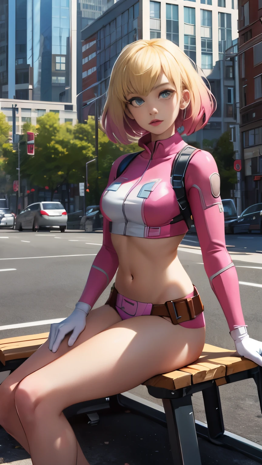 (Highly quality, masterpiece, detailed), city detailed scenario, city detailed background, solo, gwenpool, blonde hair, multi colored hair, 1woman, crop top, two-tone, navel, gloves, sitting on a bench, perfect face, beautiful eyes, look at the viewer, Sexy pose