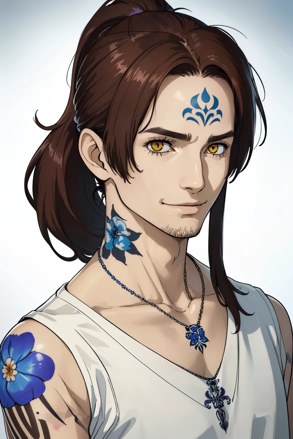 (best quality, highres:1.2, ultra-detailed, realistic:1.37), man, teenager, alone, long brown hair, brown ponytail, yellow eyes, children's tattoos on neck, flower-shaped necklace, white shirt, medium :oil painting, realistic details, evil expression, stubble, blurred background, soft lighting, vivid colors, neck tattoo, tattoos neck, neck, tattoo, flower in hair, blue flower tie hair, tattos, evil, dar, bad guy, evil smile