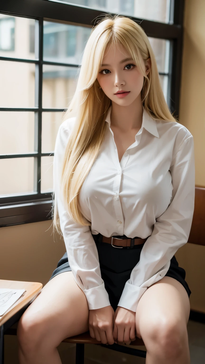 1girl,huge breast, blonde hair, long hair,bang, teacher clothes, high quality, ultra detailed, masterpiece, realistic, sitting,in classroom