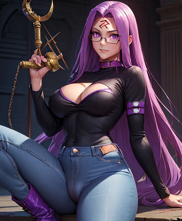 high resolution,ultra-detailed,best quality,masterpiece,8k,,1womanHandsome, {medusa_FGO:1.15},full,body,perfect face,looking at viewer,s(((realistic))),pale skin fighter,(((long straight purple hair)),eyes,seductive smile,(((large breasts))),large ass,,(black sweater),((jeans)),boots,choker,contrapposto stand,clothed,cameltoe,(Red rein mark on forehead),