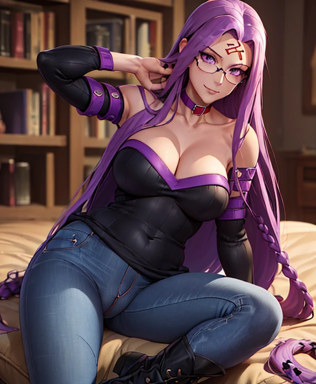 high resolution,ultra-detailed,best quality,masterpiece,8k,,1womanHandsome, {medusa_FGO:1.15},full,body,perfect face,looking at viewer,s(((realistic))),pale skin fighter,(((long straight purple hair)),eyes,seductive smile,(((large breasts))),large ass,,(black sweater),((jeans)),boots,choker,contrapposto stand,clothed,cameltoe,(Red rein mark on forehead),