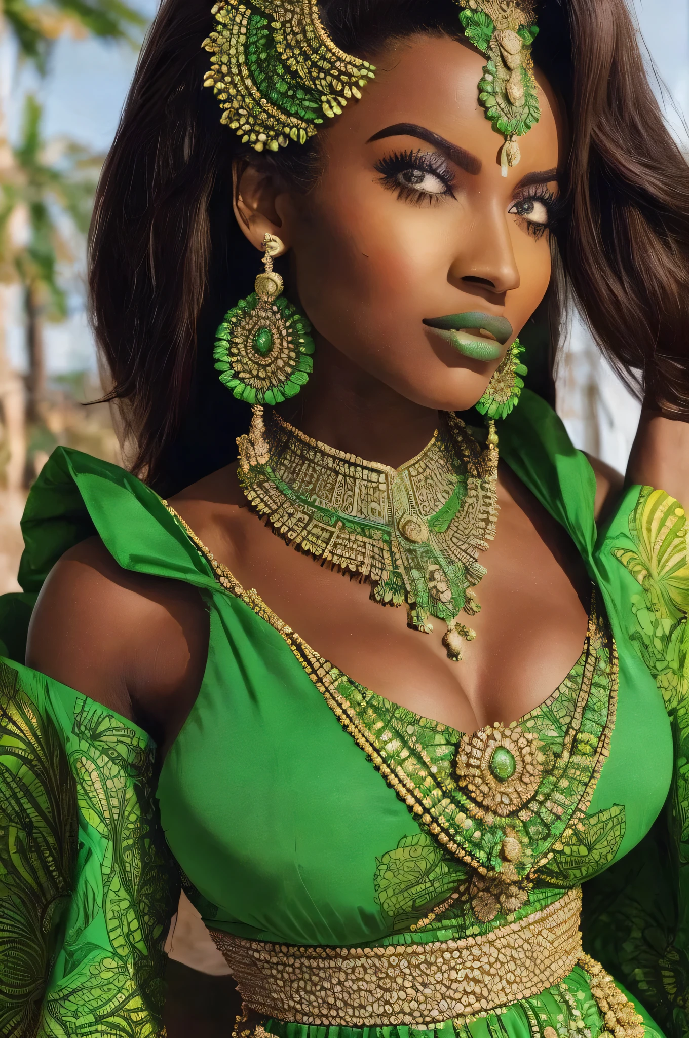 a close up of a woman in a green and white dress, stunning african princess, wearing elaborate green and gold, african princess, african queen, full body green dress, wearing an elegant outfit, black african princess, gorgeous woman, african ameera al taweel, wearing an ornate outfit, middle shot waist up, wearing an elegant tribal outfit, traditional beauty