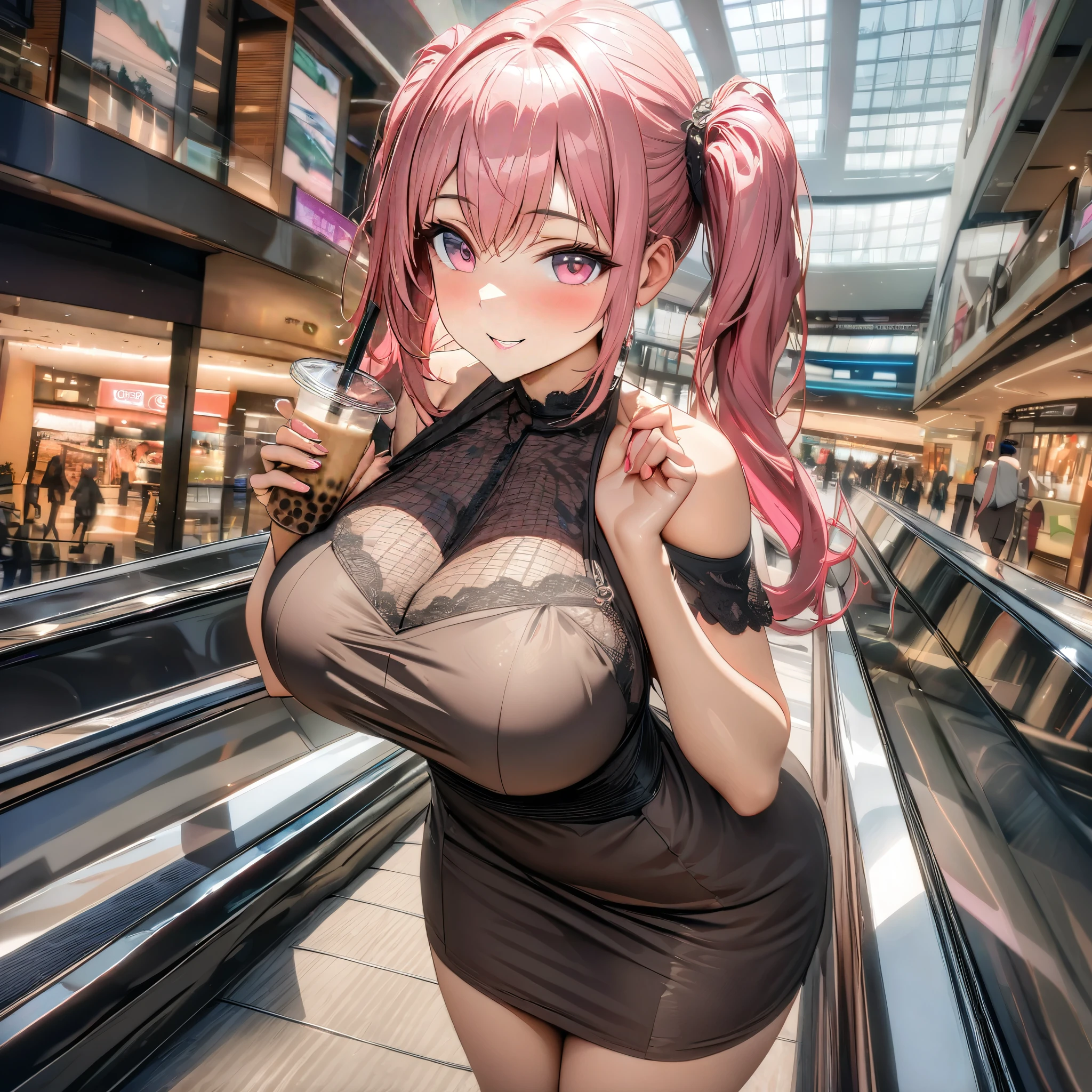 A woman wearing a brown cold dress, hot pink hair with gray details, pigtails, pink eyes, smiling, wearing sunglasses, walking on a sidewalk, on an escalator in a large shopping mall, with bubble tea in your hand, big breasts. , HDR, ultra resolution, very detailed, masterpiece, HD 8K, (solo, just one girl)
