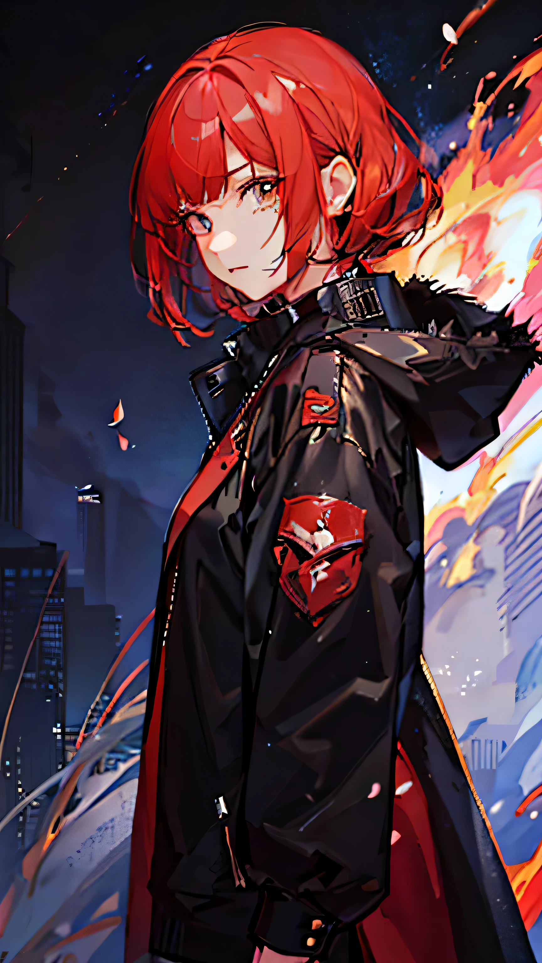 Anime-style illustration of a woman with red hair and a black coat, Gweiz on artstation pixiv, artwork in the style of Gweiz, Gweiz on pixiv artstation, Gweiz, portrait anime girl, Cyberpunk anime girl in a hoodie, Created at Anime Artist Studio, anime style portrait, Drawn at Anime Painter Studio, Burning Background, Cherry Blossom Flame