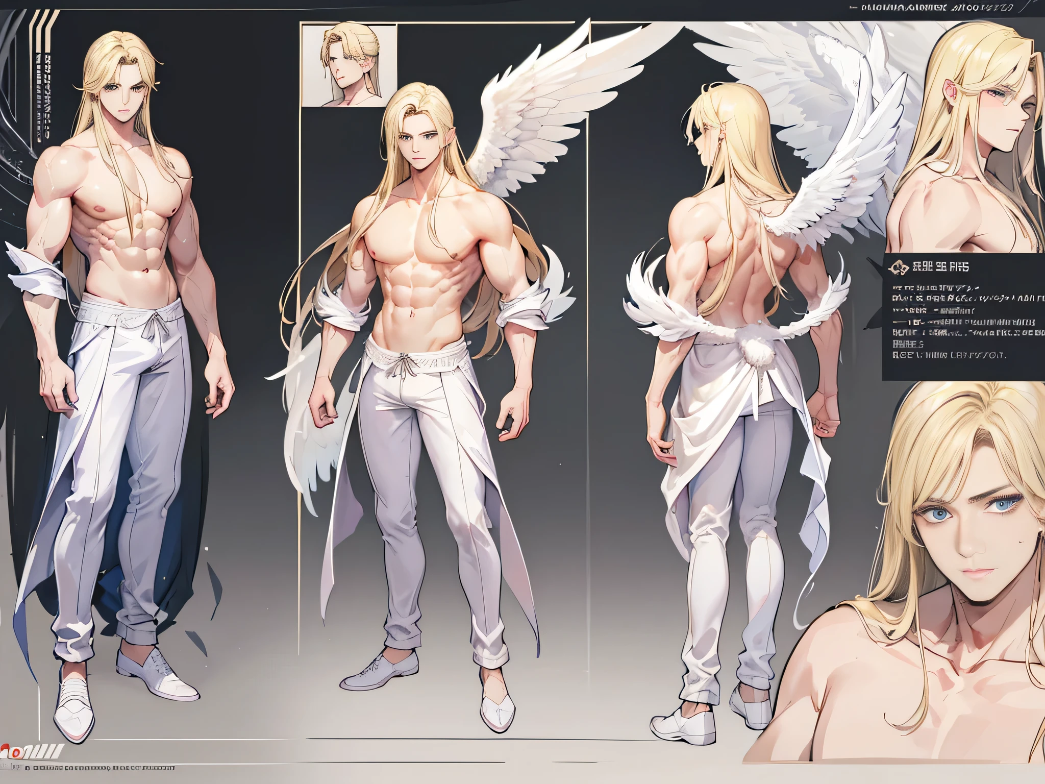 ((Masterpiece, Highest quality)), Male, boy, Detailed face, character design sheet， full bodyesbian, Full of details, frontal body view, back body view, Highly detailed, Depth, Many parts, angel wings, Muscle boy with blonde long hair，handsome man, male angel , man tall