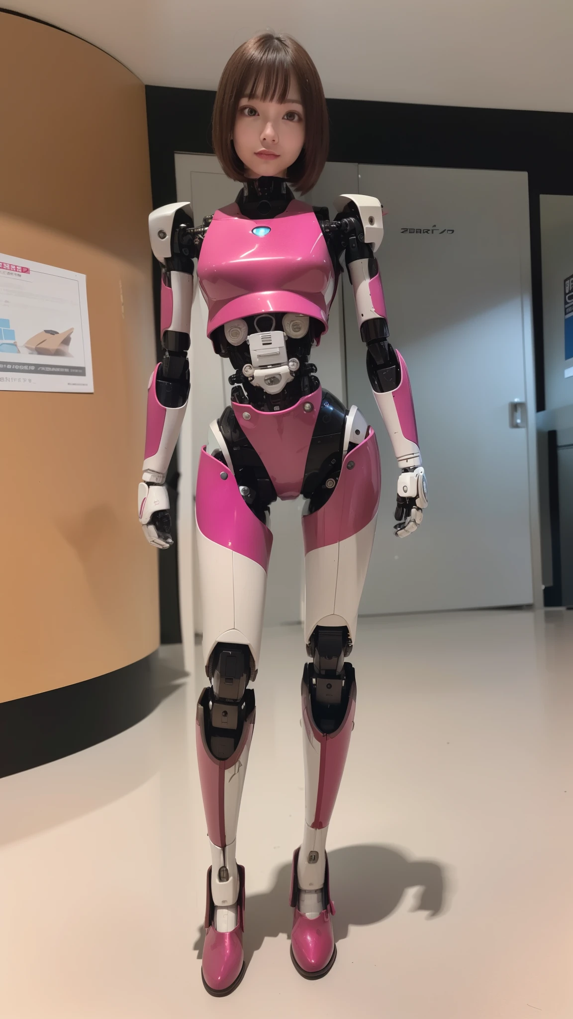 (Photorealsitic:1.4)、one robot woman、(top-quality)、(hyperdetailed face)、(Super well-formed face)、(Robot Parts)、(Female-Robot)、(25 years-old)、(Blue)、(pink there)、(Burgundy)、(metallic)、(full-body)、(sexy pose)、(Slender body)、(Model body type)、(full body mech)、(Akihabara)、(is looking at the camera)、(A brown-haired)、(Well-proportioned body)、(a small face)、(a small head)、(well-groomed fingers)、(Idol)、(front facing)、(Standing with legs open)、(Photo session)、(Looks sad)、(perfect-female-robot)、(perfect-mechanical-body)