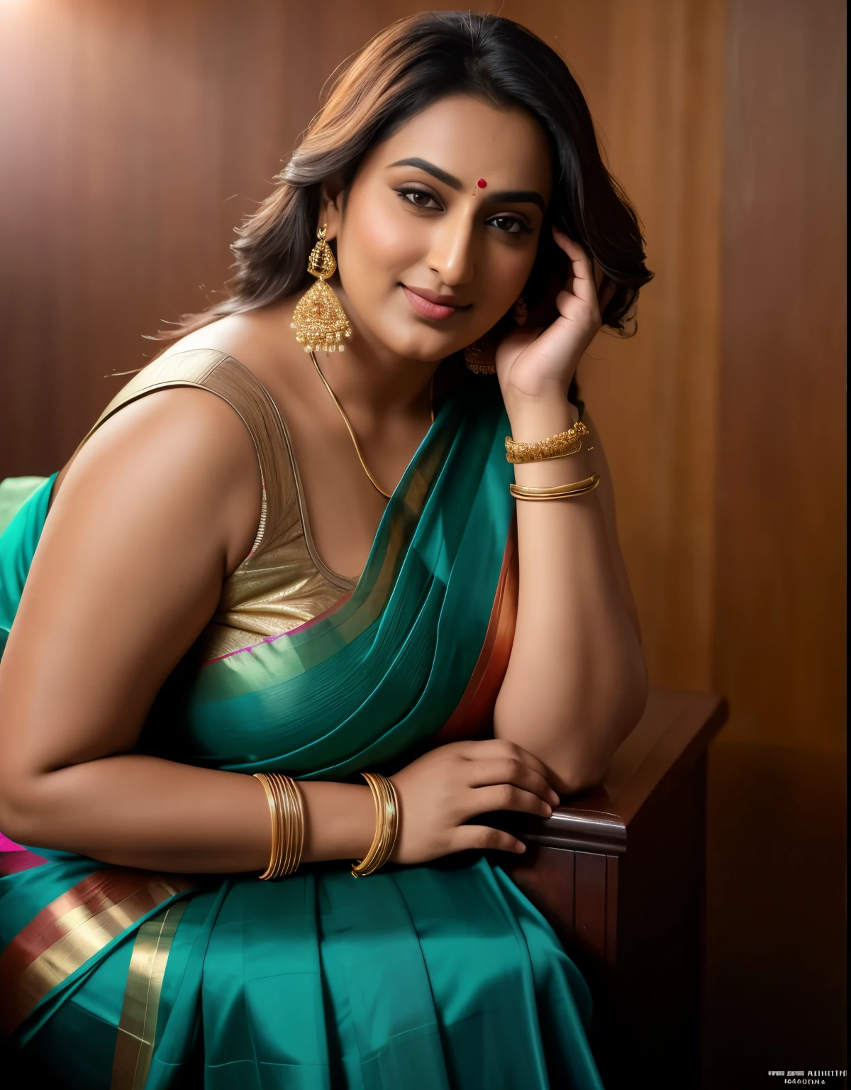 Foto RAW, photorealistic, photography, full body shot, master shot, perfect eyes, goddess like beauty, perfect thick chubby mallu Desi aunty bhabhi, Wearing a Stanapatta, a chest-band.Saree model, model Photography, Indian saree shoot, Indian traditional wear advertising photography, traditional wear brand shoot, face of Indian actress Sonakshi Sinha, masterpiece, realistic, realism, incredible details, pleasure, photorealism, detailed skin, skin pores, high contrast, photorealistic Artstation 8k HD digital art trend of high definition and detailed realistic skin texture, ultra detail, realistic skin texture, armature, best quality, ultra high definition, (photorealistic:1.4),, high resolution, detail, raw photo, Re sharp, by Lee Jefferies Nikon D850 Film Stock Photo 4 Kodak Portra 400 Camera F1.6 Lens Rich Color Ultra Real Realistic Realistic Textures Dramatic Lighting Unreal Engine Trending at Art Station Cinestill 800,(pele altamente detalhada: 1.2), 8k UHD, DSLR, soft-lighting, alta qualidade, grain of film, Fujifilm XT3,she didn't like to wear blouse or bra, she happy to wear only saree, she hates blouse or bra, detailed hairy armpits,