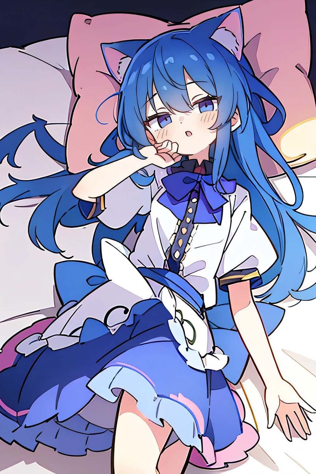 (Masterpiece), best quality, expressive eyes, perfect face, 1girl,
Put one hand on the head, fair skin, gorgeous, Japanese comics, girl, Lola, young angel, blue hair, blue hair, flowing clothes,, lay down, lying on the ground, legs on the ground, flat chest, cat ears,