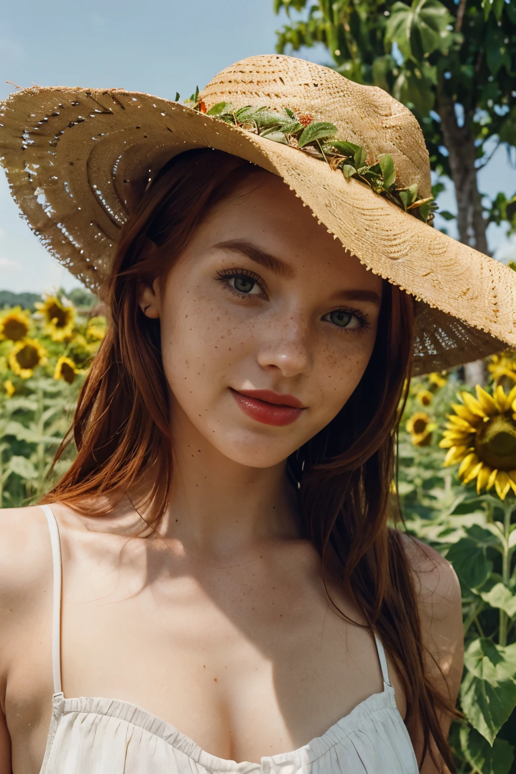 Create a red-haired woman, fair skin with freckles, green eyes and natural red lips, put on a straw hat and farmer's clothes, she should be in a field of sunflowers, smiling.