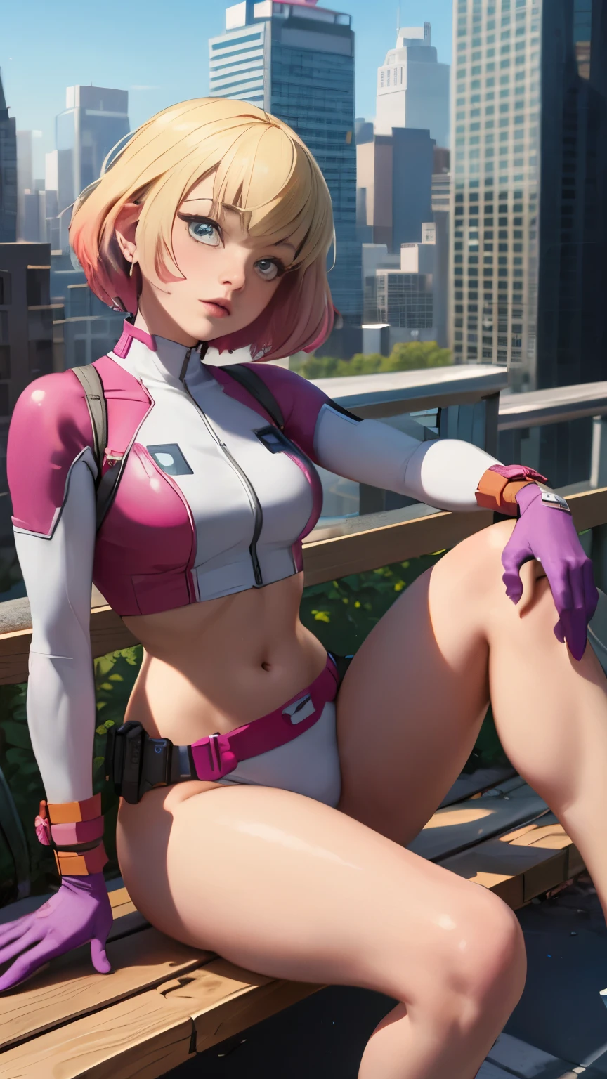 (Highly quality, masterpiece, detailed), city detailed scenario, city detailed background, solo, gwenpool, blonde hair, multi colored hair, 1woman, crop top, two-tone, navel, gloves, sitting on a bench, perfect face, beautiful eyes, look at the viewer, Sexy pose