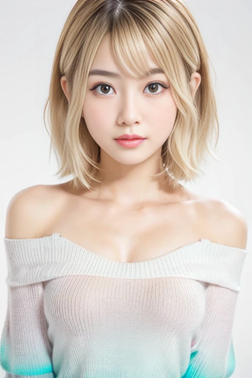 beautiful japanese woman、1 person,Very pretty and slim、outstanding style 、((8K image、super high quality))、Very delicate face, skin and hair、short hair、straggling hair,(((((((gradient hair、blonde))))))),Very cute Japanese face、Eyes and nose are clearly visible、kind eyes,(((off shoulder sweater、simple background、looking at the viewer)))、full body shot