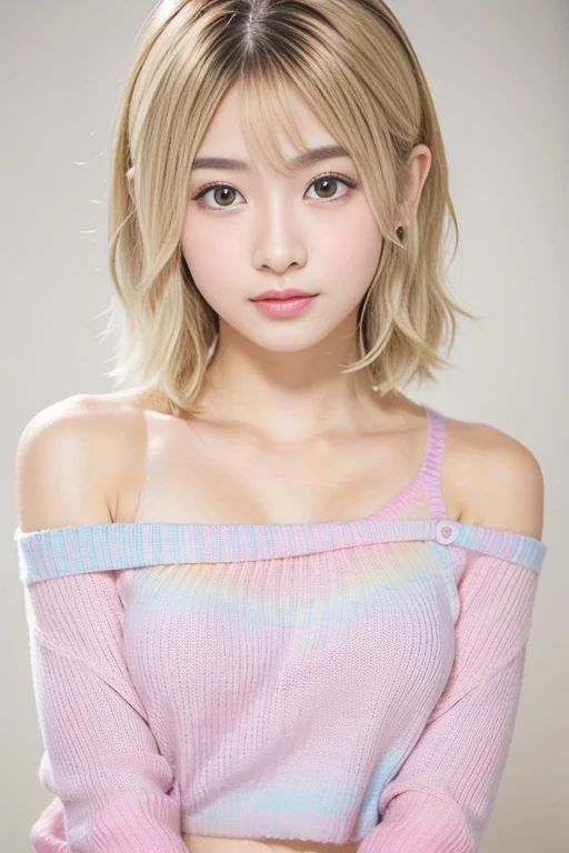 beautiful japanese woman、1 person,Very pretty and slim、outstanding style 、((8K image、super high quality))、Very delicate face, skin and hair、short hair、straggling hair,(((((((gradient hair、blonde))))))),Very cute Japanese face、Eyes and nose are clearly visible、kind eyes,(((off shoulder sweater、simple background、looking at the viewer)))、full body shot