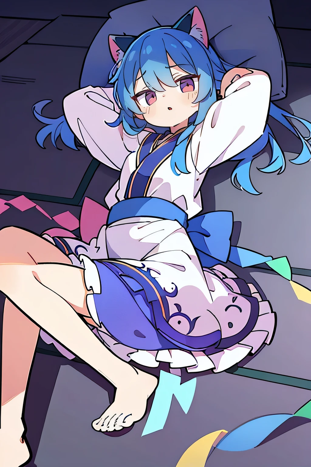 (Masterpiece), best quality, expressive eyes, perfect face, 1girl,
 Put one hand on the head, fair skin, gorgeous, Japanese comics, girl, Lola, young angel, blue hair, blue hair, flowing clothes,, lay down, lying on the ground, legs on the ground, flat chest, cat ears,