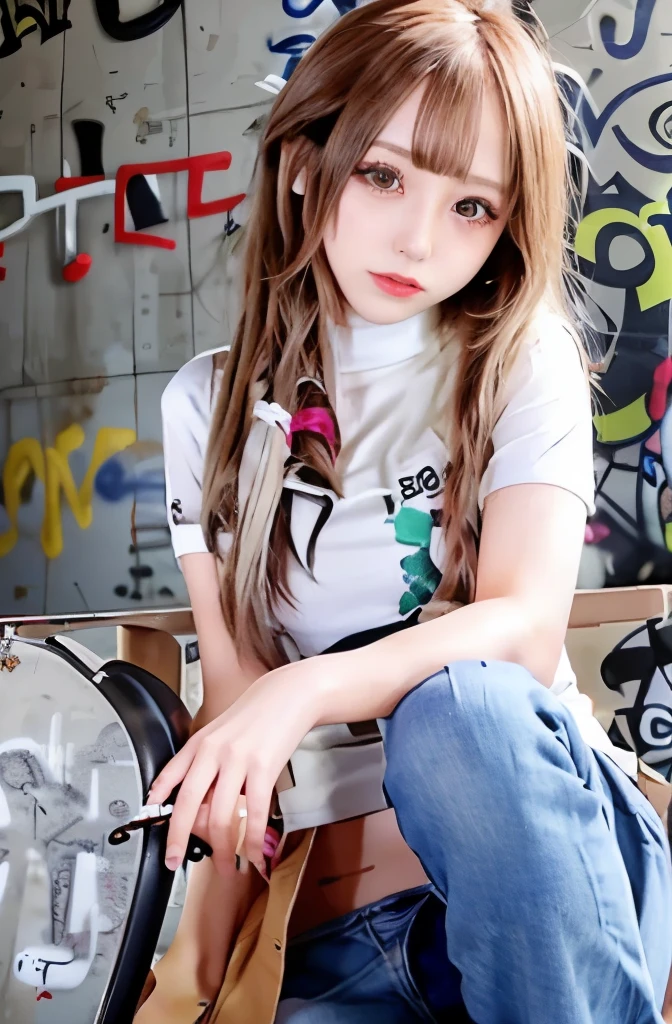 ((table top, highest quality, High resolution, nffsw, perfect pixel,  4k, nffsw, nffsw))), 1 girl, single, alone, Beautiful woman、I could see the whole body、 ((middle wave hair, bangs, brown hair)), ((brown eyes, beautiful eyelashes, realistic eyes)), ((detailed face, blush:1.2)), (8K, highest quality, High resolution:1.1) , thighs are open, smile, spread your legs, lying down, squat, I can see your pants,Draw so that the crotch cloth of the white underwear is visible.., Skirt flip, ((Torn and tattered damaged jeans , tight mini skirt)), choker, (graffiti:1.5), paint splashes, place your hands behind your back, towards the wall, When I look through the viewfinder , bracelet, thigh strap, body painting, head tilt, blonde hair, iris blue eyes, (Body shiny with oil),　8K resolution, intricate garments, intricate details, Pants visible from skirt, Pants fully visible, boyish girl, long hair, showing off her panties, Panties look nice, string panties　, Angle from feet, angle from below, Angle looking up from below, show off your crotch