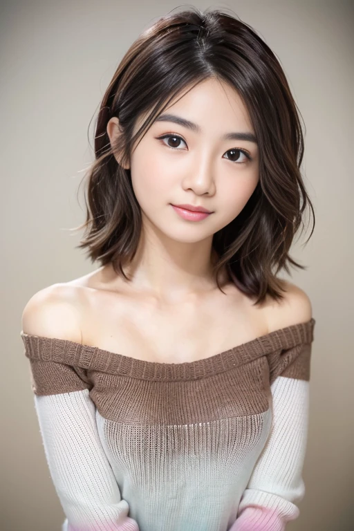 beautiful japanese woman、1 person,Very pretty and slim、outstanding style 、((8K image、super high quality))、Very delicate face, skin and hair、short hair、straggling hair,(((((((gradient hair、brown hair))))))),Very cute Japanese face、Eyes and nose are clearly visible、kind eyes,(((off shoulder sweater、simple background、looking at the viewer)))、full body shot