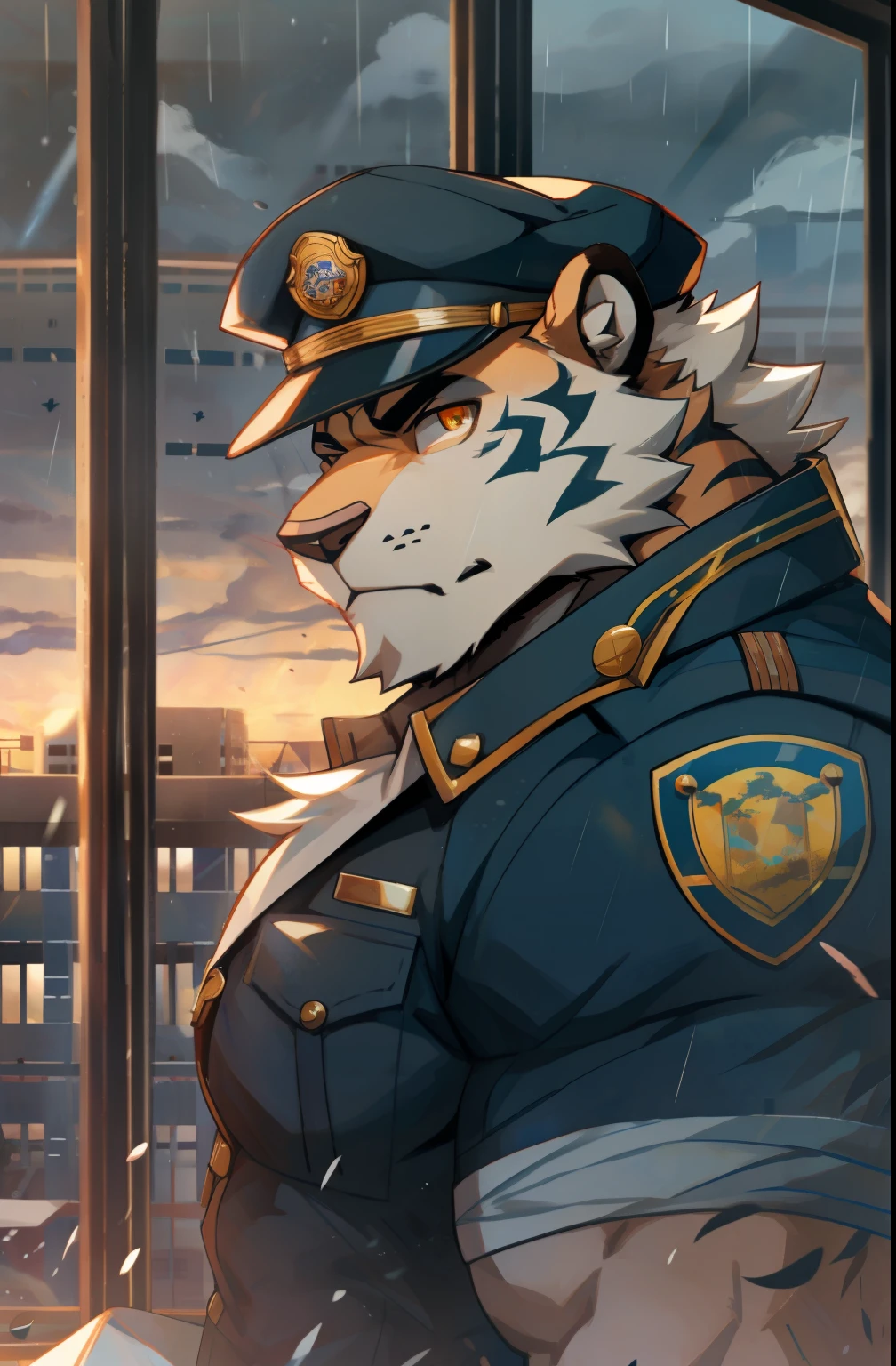 masterpiece，night，Anthropomorphic tiger，one person，（（（s hair））），male，26 years old，thick eyebrows，Light-colored fur，Strong body，Large pecs，（（（，black police uniform，gold watch，police officer hat））），full-body shot，在废墟fighting，（（（With a submachine gun））），（（（Looking at the window）））dark night，Light，Damaged classroom，（（（white hair））），Serious，emotional focus，looking out the window，peaceful，fighting人员，fighting，golden pupils，big eyes，Strong，Lying on the bed，full body image，天空dark clouds密布，cloudy day，green plants，it&#39;It&#39;s raining，big tree，high-rise，dark clouds（（（background：Abandoned classroom 1.5））），（（（Detailed character description））），