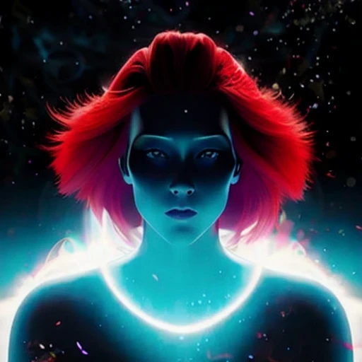 a close up of a person with a red hair and a maya body, a still of an ethereal, unsettling image, female image in shadow, white glowing aura, ghostly form, anthropomorphic silhouette, fractal human silhouette, mysterious figure, symmetrical fullbody rendering, eerie person silhouette, ghostly figure, ultra ambient occlusion, single silhouette figure