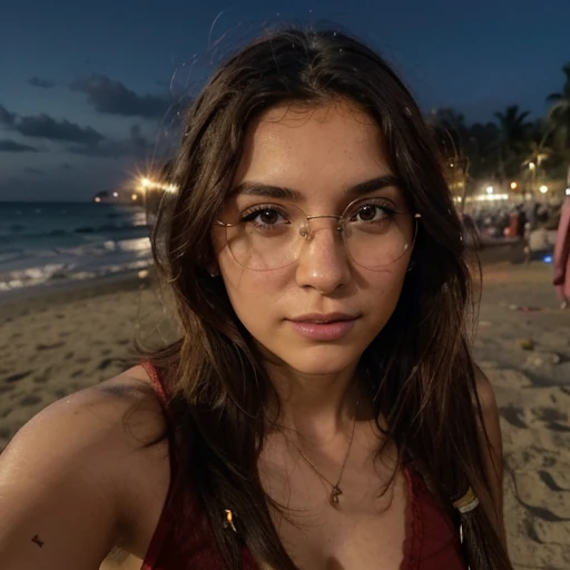 (Selfie, Vista superior: 1.4), (Metade direita do corpo: 1.4), Foto de retrato RAW UHD de uma loira de 24 anos (Mulher de olhos azuis) Caminhando ao longo da praia, Palmeiras, (saia), (decote), Especificidades (Texturas! , cabelo! , Brilhar, Cor!! , Desvantagens: 1.1), Olhos brilhantes com muitos detalhes (looking at the camera), SLR lighting, reflexo, Ultra Qualidade, agudeza, profundidade de campo, grain of film (centro), Fujifilm XT3, cristal, Centro do quadro, rosto bonito, Crisp Focus, street lamp, neon lighting, Bokeh (Pouca luz), Noite, (night sky), poros detalhados da pele, pele oleosa, queimar, detalhes intrincados dos olhos, Corpo inteiro, ((Seios grandes))