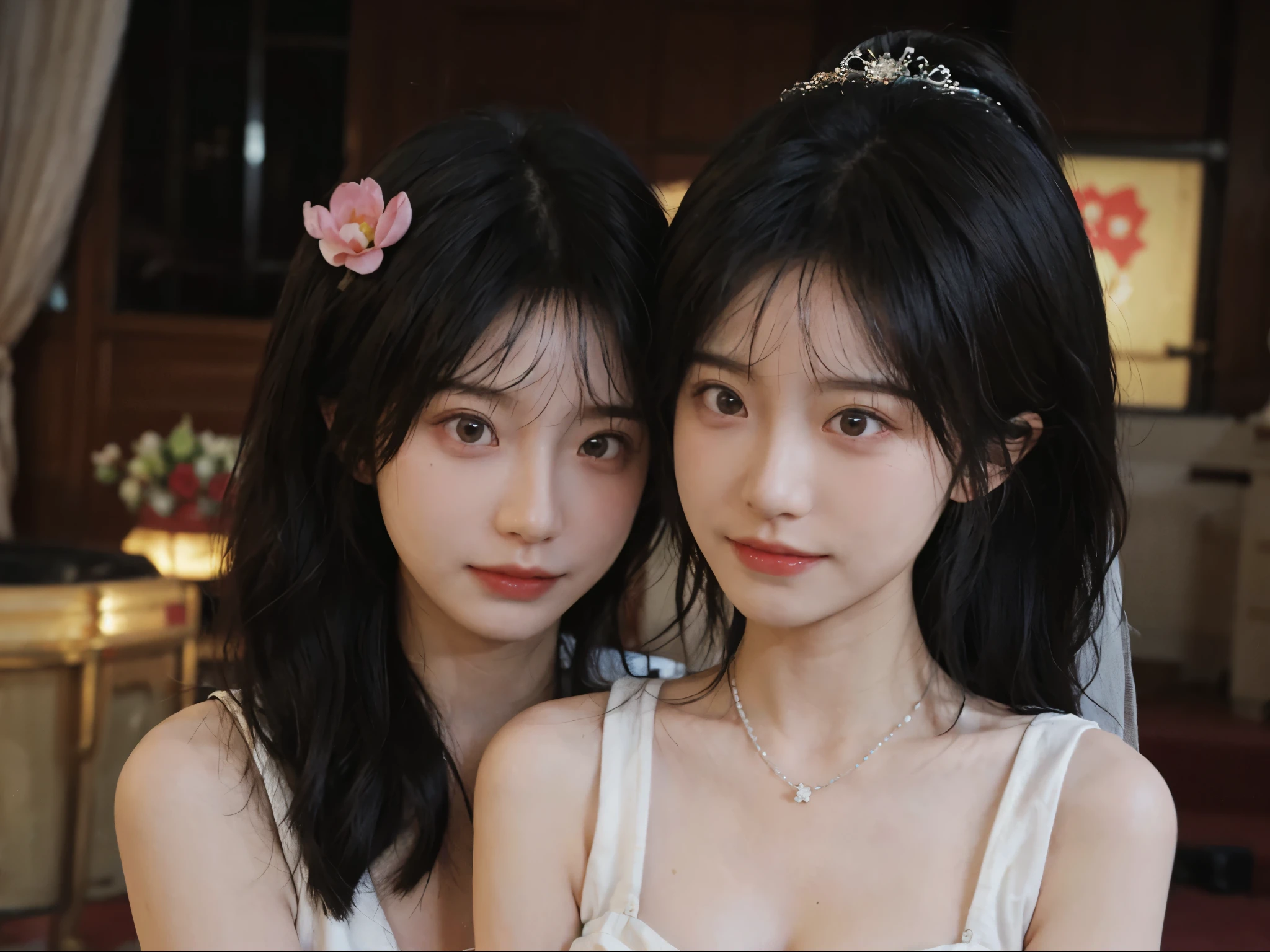 best quality， ultra high resolution， （realistically：1.4），cute hairpin，Baoyu Girl，Standing in the wedding hall，（flat chest：1.2） ，A pair of clear and charming peach blossom eyes,Royal sister，The sun shines on the face，Big wavy hairstyle，（necklace：1.2），（White skin：1.4），a sense of atmosphere，a beautiful girl，Looking directly at the viewer， Close-up cleavage ，(lifelike:1.4),1 girl,Sexy,(Upper body:1.4),(wet),(:1.2)