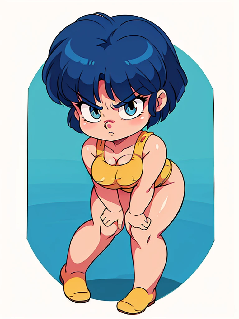 ((sticker-style illustration for print with 1girl, minimalism,)), simple background, clean:0.9, lineart, vector, AkaneYellowSwimsuit, looking at the viewer, full body, blue hair, (eyes angry), circle frame, hands on hips, camel toe, bend over