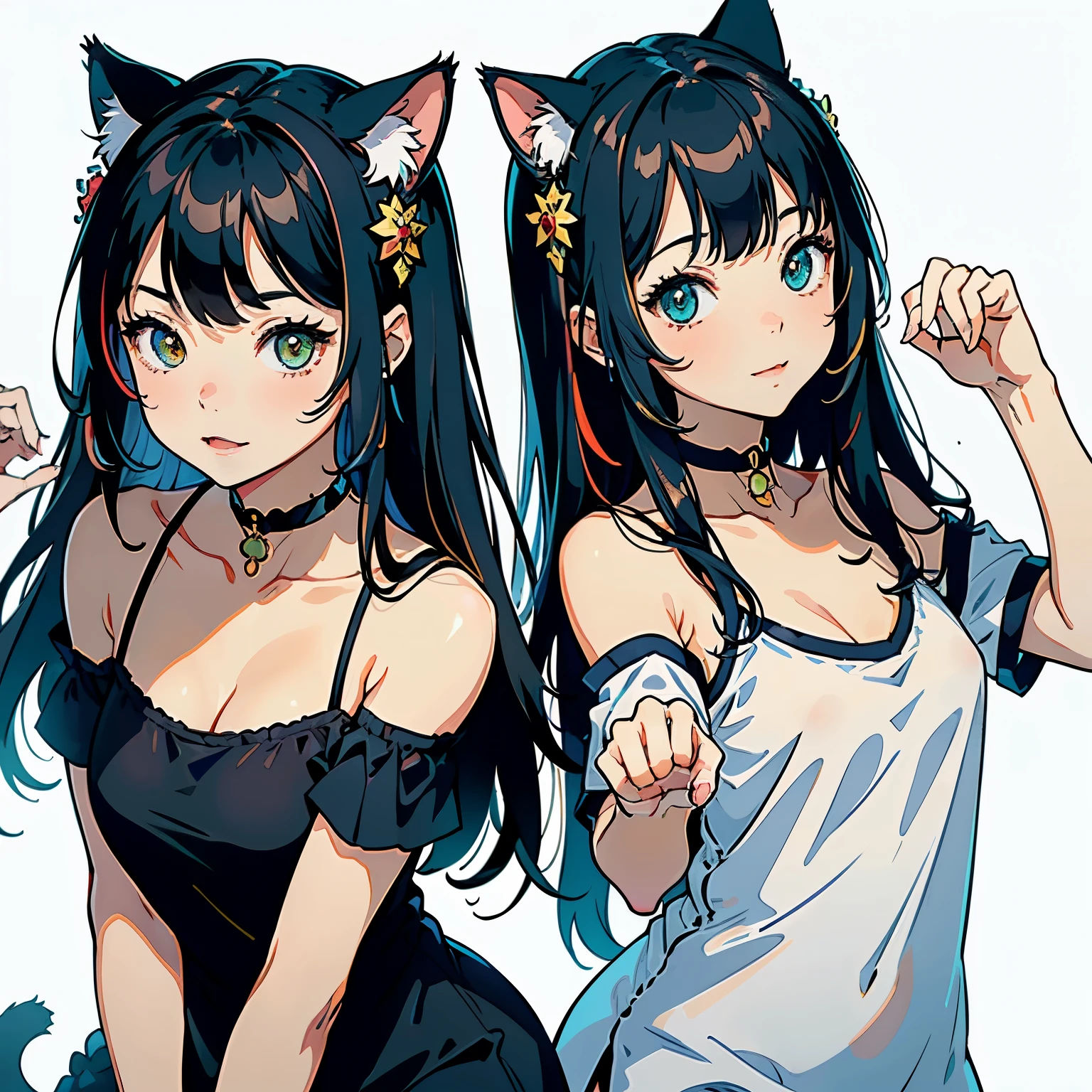 (highest quality, masterpiece, High resolution)、(anime art)、cinematic light、soft light、two girls、black hair、Black cat costume、White Cat Costume、Tabby cat costume、Striped cat costume、Persian Cat Costume、(3-color cat costume)、(loose t-shirt)、loose shirt、off shoulder、sexy mini dress、(Cat ear)、bob cut、semi-long、bun hair、hair ornaments、choker、Cute face details、enchanting smile、small breasts、whole body、(cat pose)、((bridge pose))、beckoning、playing、dance、Cat jarashi、Crackers popping、Party Decoration、((white background))、