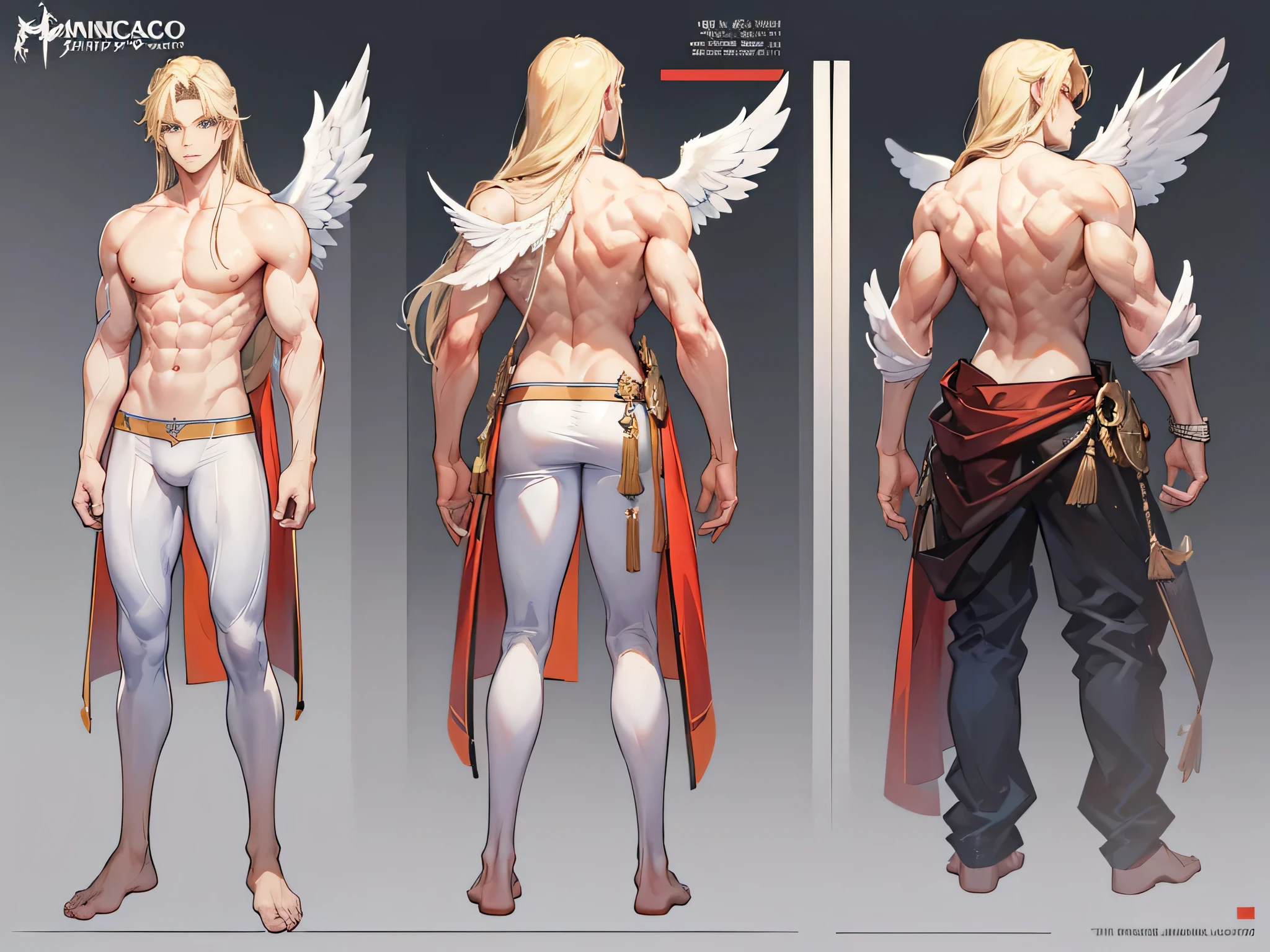 ((Masterpiece, Highest quality)), Male, boy, Detailed face, character design sheet, full bodyesbian, Full of details, frontal body view, back body view, Highly detailed, Depth, Many parts, angel wings, Muscle boy with blonde long hair,handsome man, male angel , man tall, abs