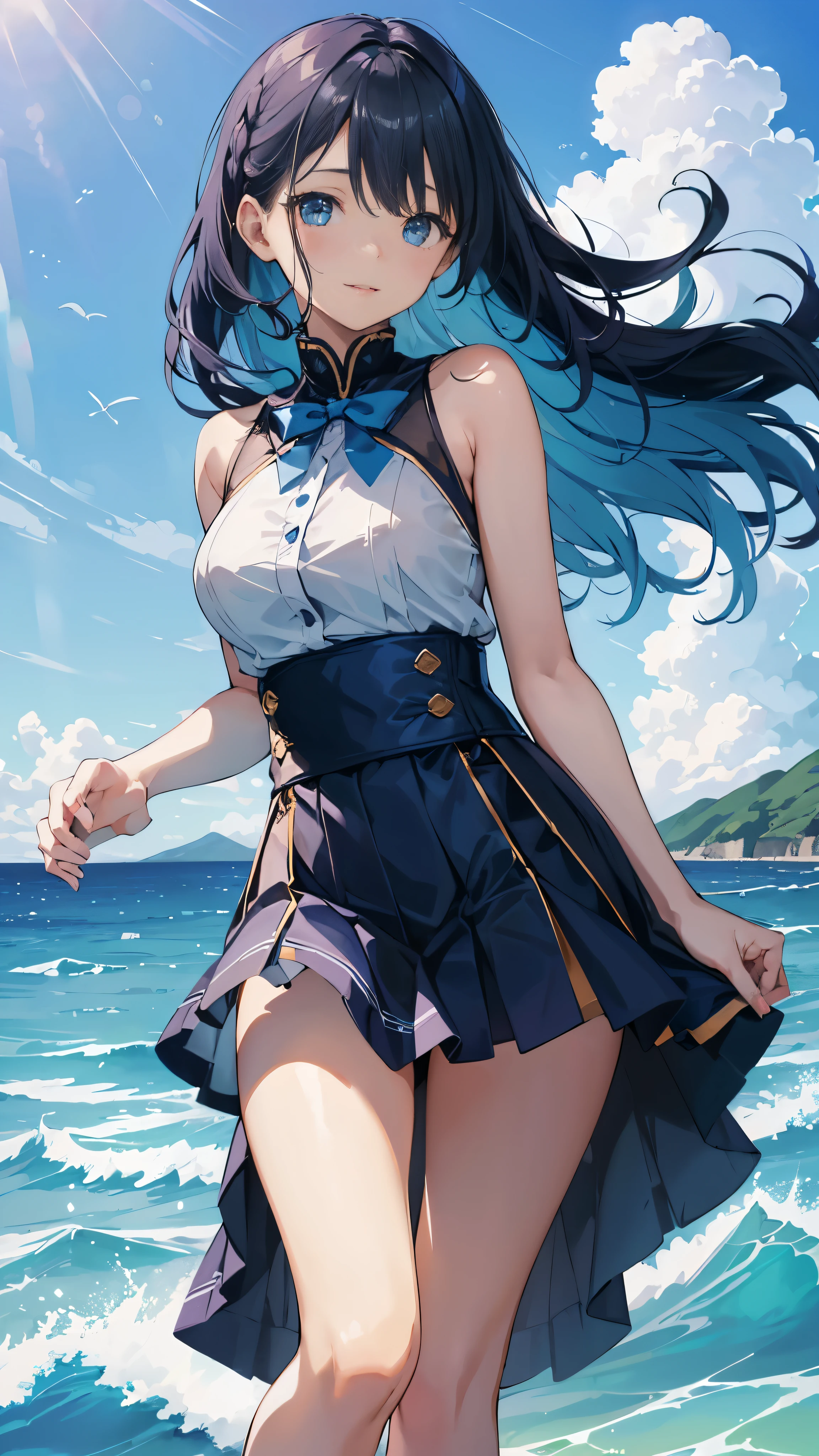 1 girl, solo, blue sky, ocean, short skirt, (a very intricate and detailed background of the vast expanses of the blue sky with thick, fluffy clouds that seem to reach out and touch one another), (a highly detailed background of the vast, tranquil ocean with shimmering waves and schools of fish swimming beneath), wearing a fitting, graceful, and short blue skirt that accentuates her feminine curves. The girl looks out at the breathtaking view, her eyes sparkling with wonder and a slight smile playing at the corners of her lips. Her hair, a cascade of soft, golden curls, billows in the gentle breeze, blowing across her shoulders andframe her face