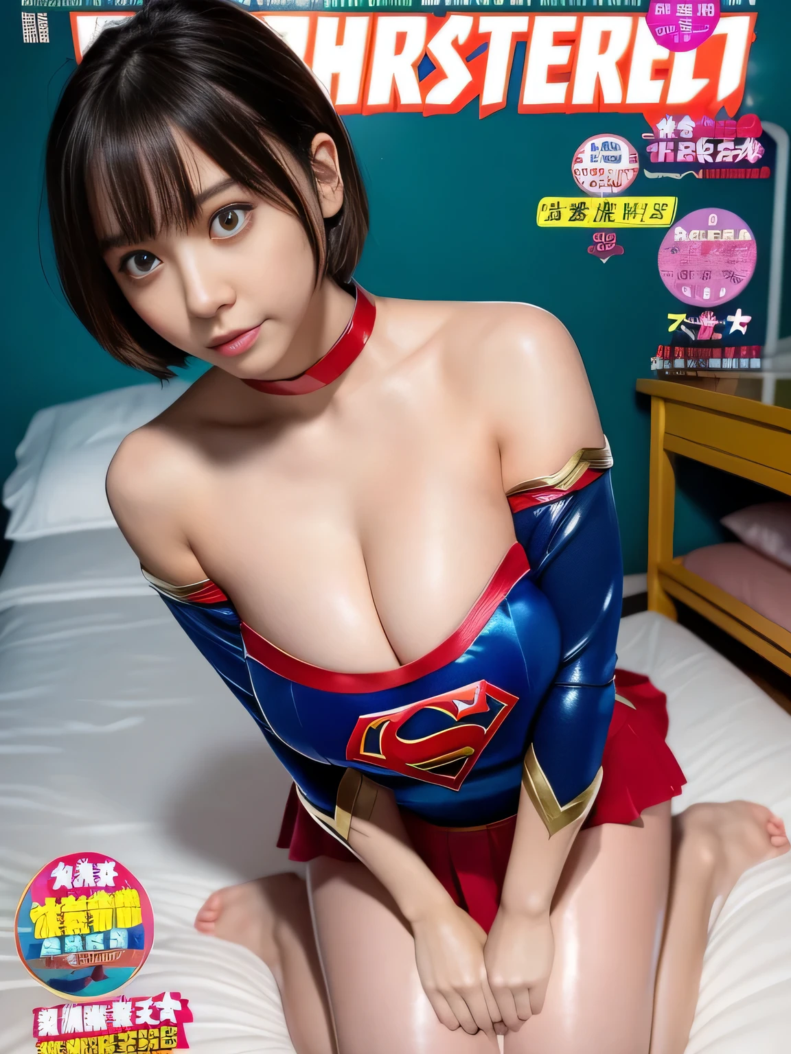 masterpiece、supergirl costume、short hair、barefoot、big and full breasts、hospital room、Oil massage on the bed、Sexy poses to seduce、model body shape、shiny、looking at camera、off shoulder、choker、enamel、long sleeve、red mini skirt、Weekly magazine cover、obscene、Radical、sweaty、Glamorous、charm、charming、Impressive、
