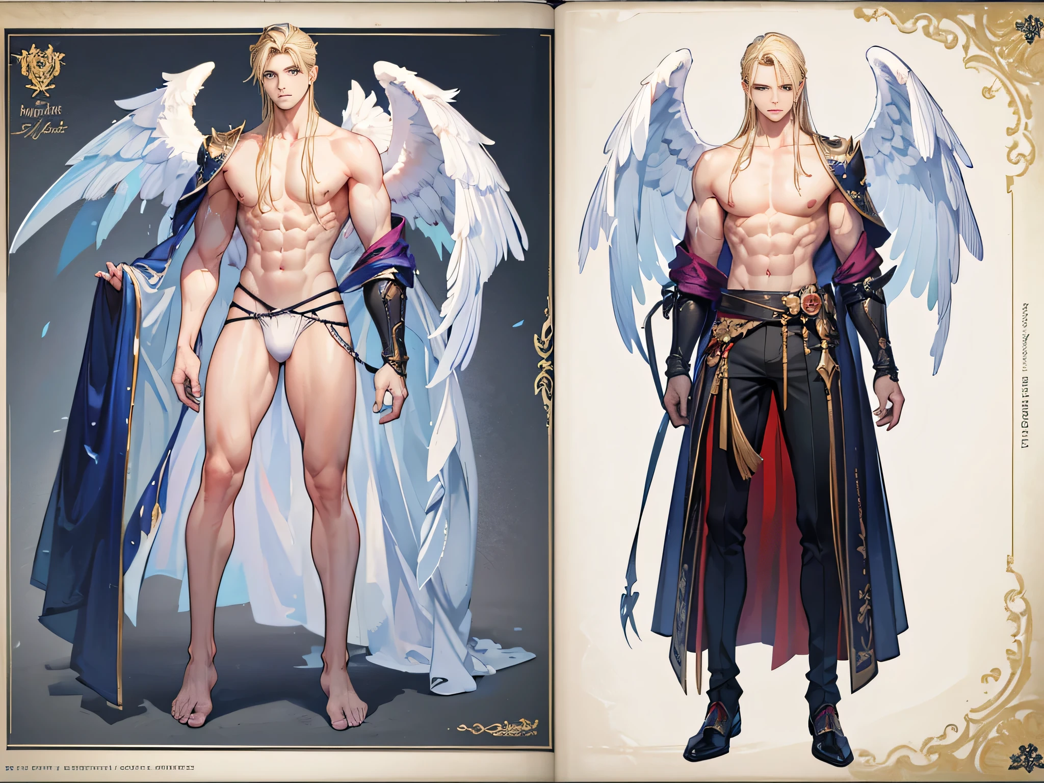 ((Masterpiece, Highest quality)), Male, boy, Detailed face, character design sheet， full bodyesbian, Full of details, frontal body view, back body view, Highly detailed, Depth, Many parts, angel wings, Muscle boy with blonde long hair，handsome man, male angel , man tall