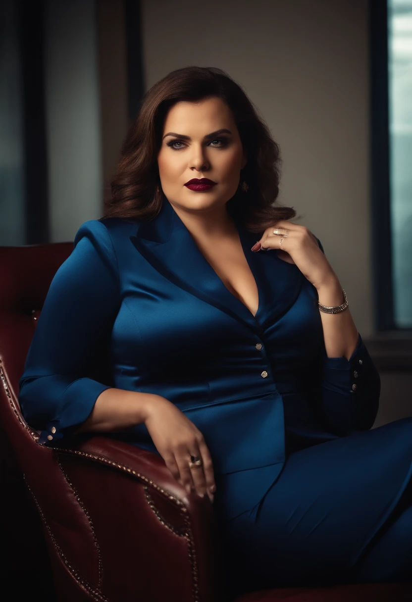 Fat Business woman wearing blue business suit. Busty cleavage. 36DD.  Sitting in office chair. Tight fitting, maroon button-down satin blouse with long sleeves, button cuffs, pointed collar. Plus size 
