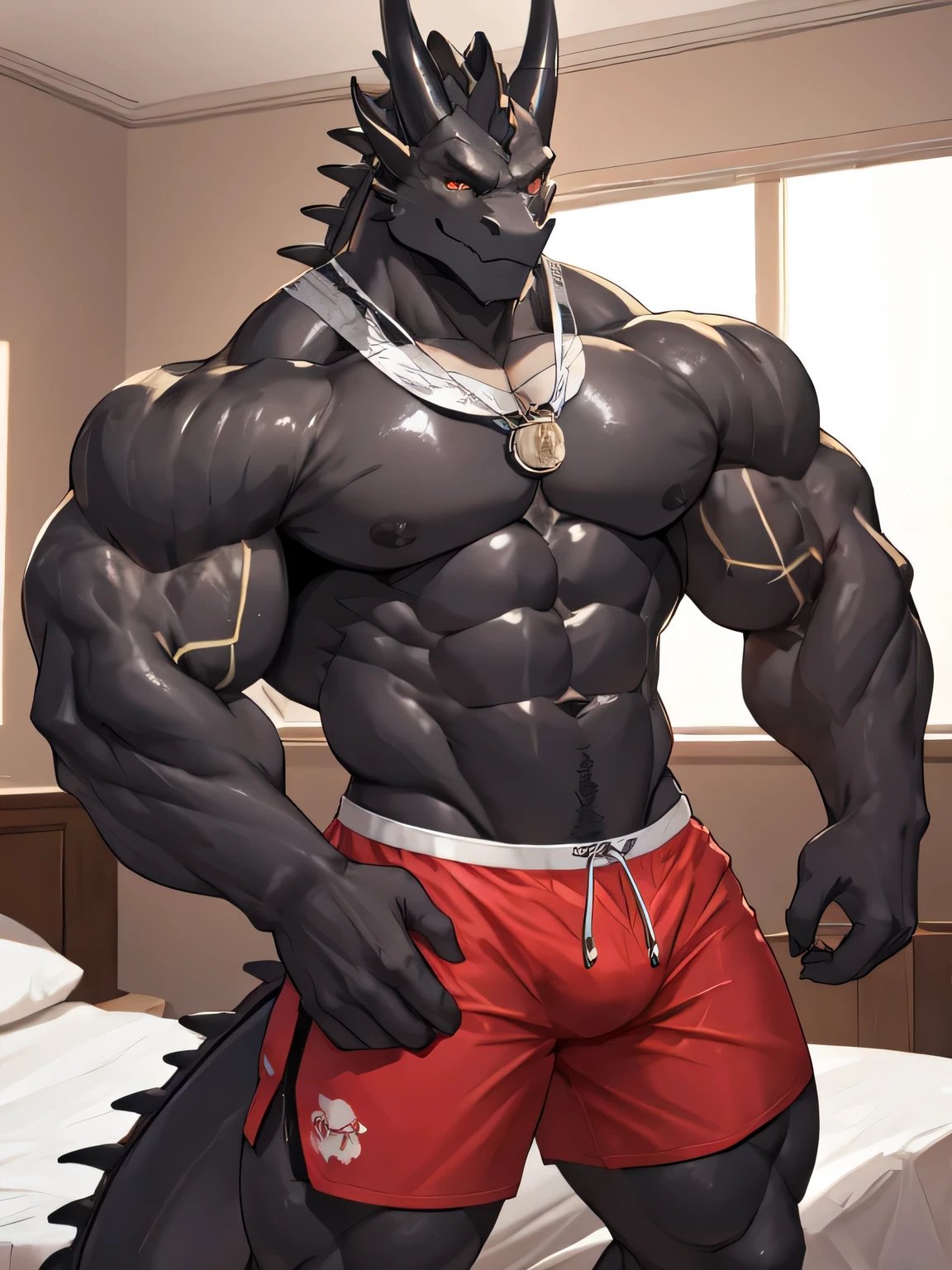masterpiece, Anthropomorphic Black Dragon, ,There is a pair of beautiful dragon horns., Black Dragon Scales,1 tail, very muscular body, nice, Shorts only full body rubber suit 8 packs of firm abs Amazing arm muscles good looking whole face down on the bed Pants down I can see my crotch Erotic Muscular arms I can put strength in my arms Skin radiance beautiful abs