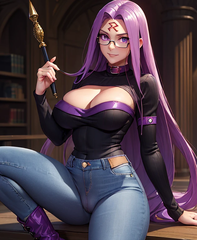 high resolution,ultra-detailed,best quality,masterpiece,8k,,1woman, {medusa_FGO:1.15},full,body,perfect face,looking at viewer,s(((realistic))),pale skin fighter,(((long straight purple hair)),eyes,seductive smile,(((large breasts))),large ass,,(black sweater),((jeans)),boots,choker,contrapposto stand,clothed,cameltoe,(Red rein mark on forehead),