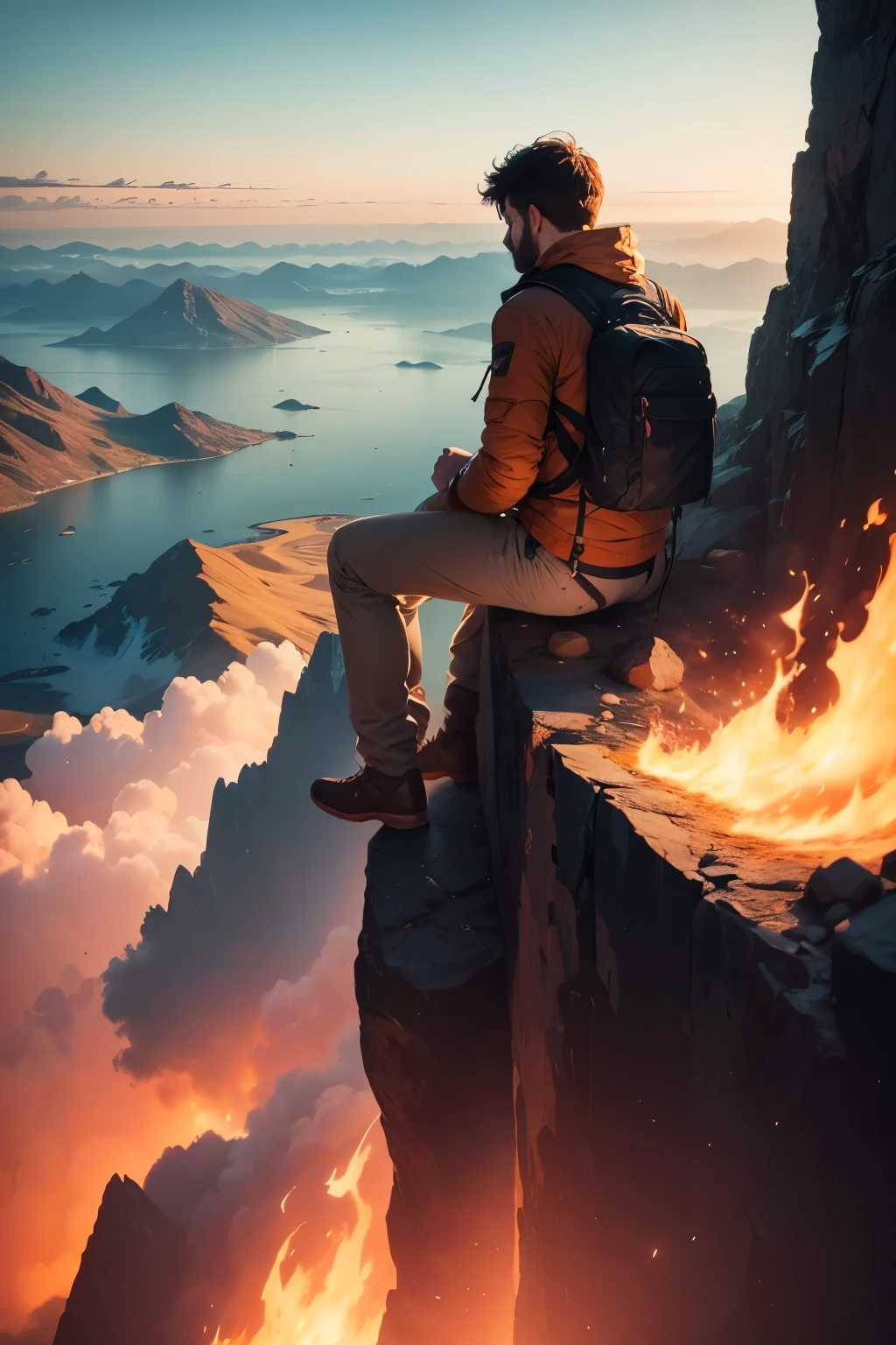 A man climbing a mountain, above him a beautiful calm sky, sea of fire below (best quality,4k,8k,highres,masterpiece:1.2), ultra-detailed, (realistic,photorealistic,photo-realistic:1.37), HDR, UHD, studio lighting, extreme detail description, professional, vivid colors, bokeh, portraits, landscape, oil painting, warm color palette, dramatic lighting