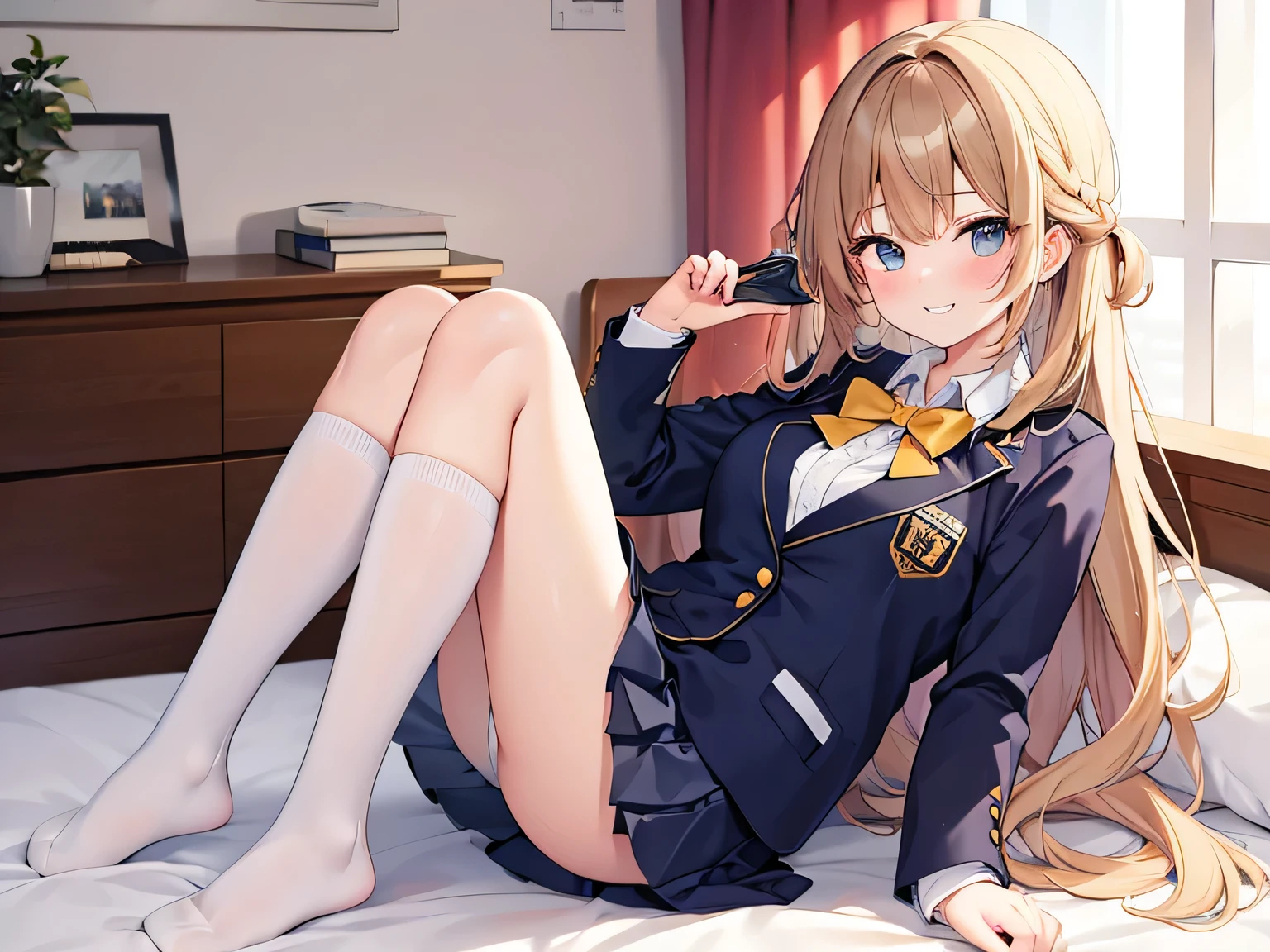 (masterpiece、highest quality、High resolution、realistic pictures、real looking skin:1.1)、
(A high school girl is relaxing in her bedroom:1.8)、
(The skirt is so short that her panties are visible:1.8)、
(she has a grin on her face:1.5)、
(She is wearing a high  blazer.:1.5)、
(She is wearing a pleated miniskirt for her high .:1.5)、
(She is wearing navy blue knee-high socks because she is indoors.:1.5)、
(brown semi-long hair:1.5)、
(she is 18 years old:1.5)、
(Location: Apartment bedroom:1.5)、
1 Japanese girl、solo、full body esbian、beautiful eyes、shining eyes、Shining thighs、NSFW