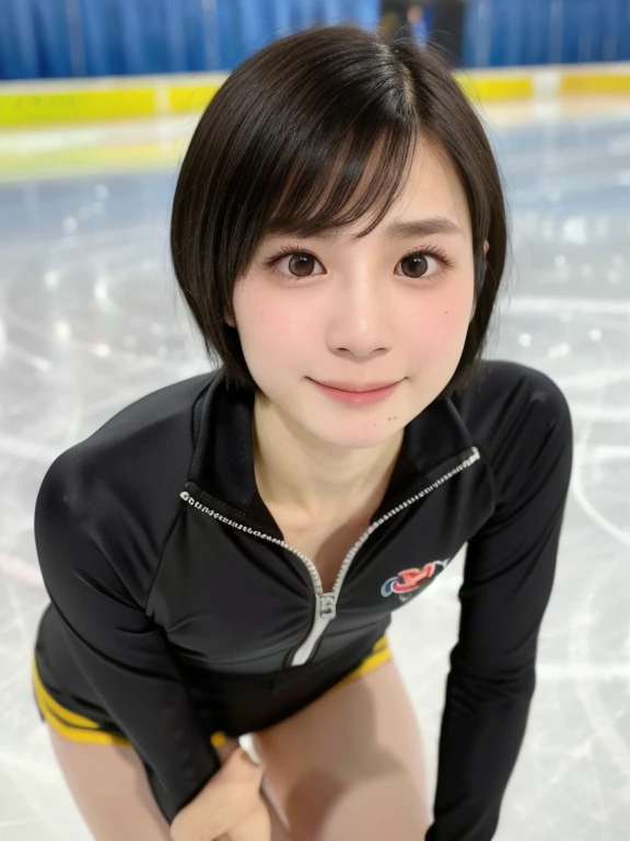 (kawaii 24 year-old Japanese girl, Nogizaka idol, Korean idol), healthy female athlete, figure skater, (glossy black hair, messy very short hair, pixie cut, symmetric hair length, even length hair edges:1.3), (bangs), (rounded face, black eyes, single eyelid, no makeup, soft smiling:1.2), (wearing long sleeved training half zip tops:1.3), flat chest, extra small breasts, sports leggings, (looking at viewer:1.2), BREAK, (ice skate arena background:1.3), (dynamic angle:1.3), face focus, BREAK, (masterpiece, best quality, photo realistic, official art:1.4), (UHD, 8K quality wallpaper, high resolution, raw photo, golden ratio:1.2), (shiny skin), professional lighting, physically based rendering, award winning, (perfect anatomy, highly detailed skin, extremely detailed face and eyes), Carl Zeiss 300 mm F/2.8, depth of field, 1girl, solo,