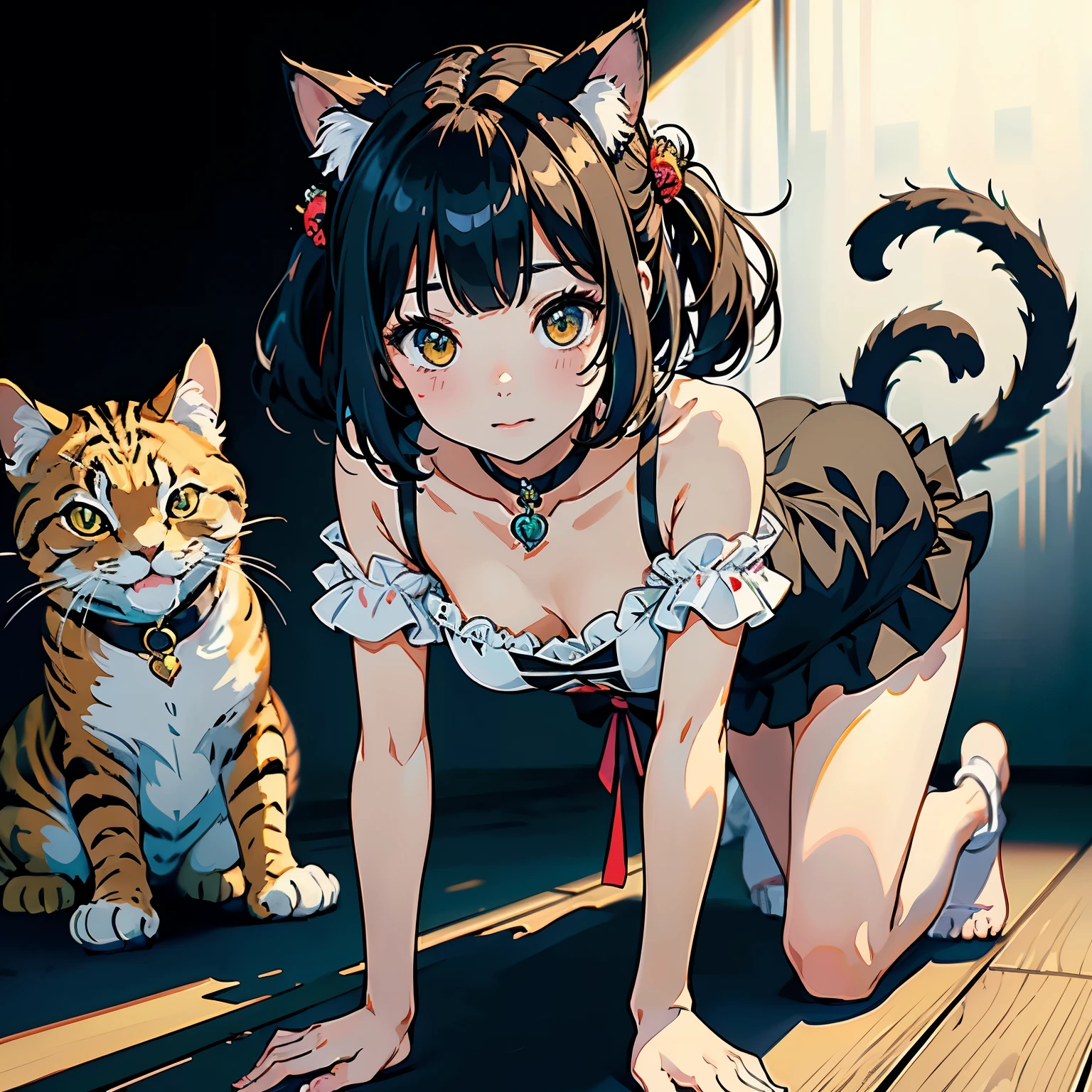 (highest quality, masterpiece, High resolution)、(anime art)、cinematic light、soft light、two girls、black hair、Black cat costume、White Cat Costume、Tabby cat costume、Striped cat costume、Persian Cat Costume、(3-color cat costume)、(loose t-shirt)、loose shirt、off shoulder、sexy mini dress、(Cat ear)、bob cut、semi-long、bun hair、hair ornaments、choker、Cute face details、enchanting smile、small breasts、whole body、(cat pose)、((crawl on all fours))、beckoning、playing、dance、Cat jarashi、Crackers popping、Party Decoration、((white background))、