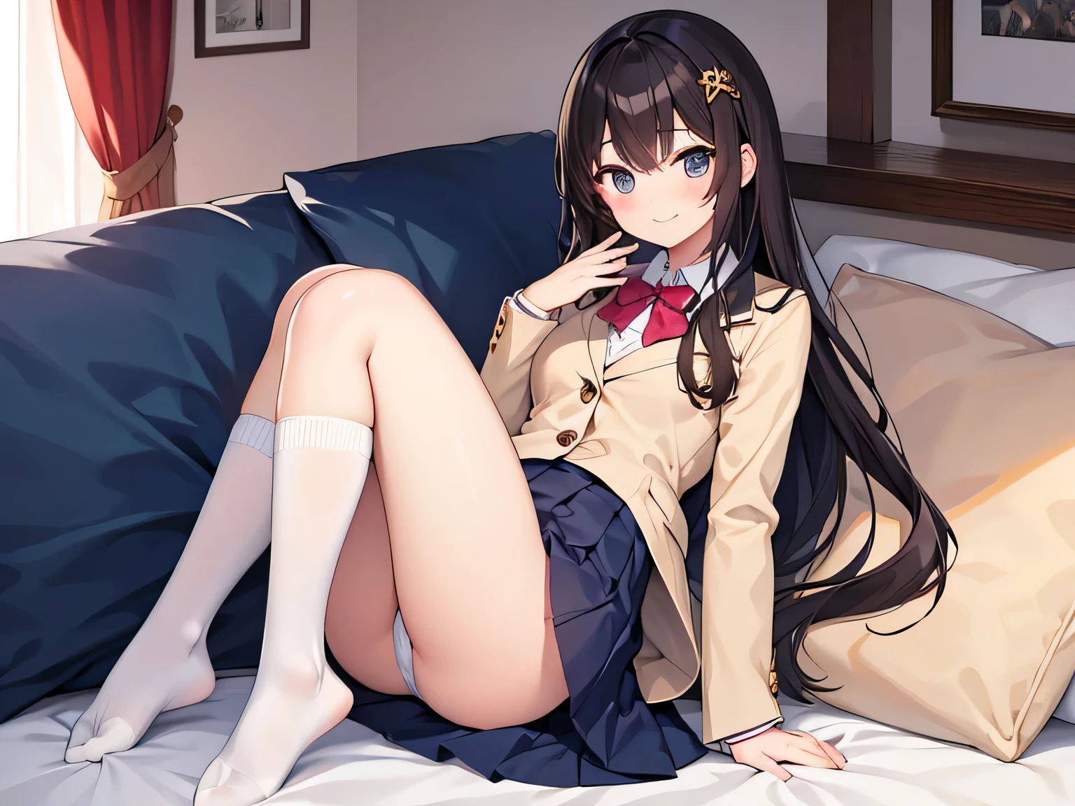 (masterpiece、highest quality、High resolution、realistic pictures、real looking skin:1.1)、
(A high school girl is relaxing in her bedroom:1.8)、
(The skirt is so short that her panties are visible:1.8)、
(she has a grin on her face:1.5)、
(She is wearing a high  blazer.:1.5)、
(She is wearing a pleated miniskirt for her high .:1.5)、
(She is wearing navy blue knee-high socks because she is indoors.:1.5)、
(brown semi-long hair:1.5)、
(she is 18 years old:1.5)、
(Location: Apartment bedroom:1.5)、
1 Japanese girl、solo、full body esbian、beautiful eyes、shining eyes、Shining thighs、NSFW